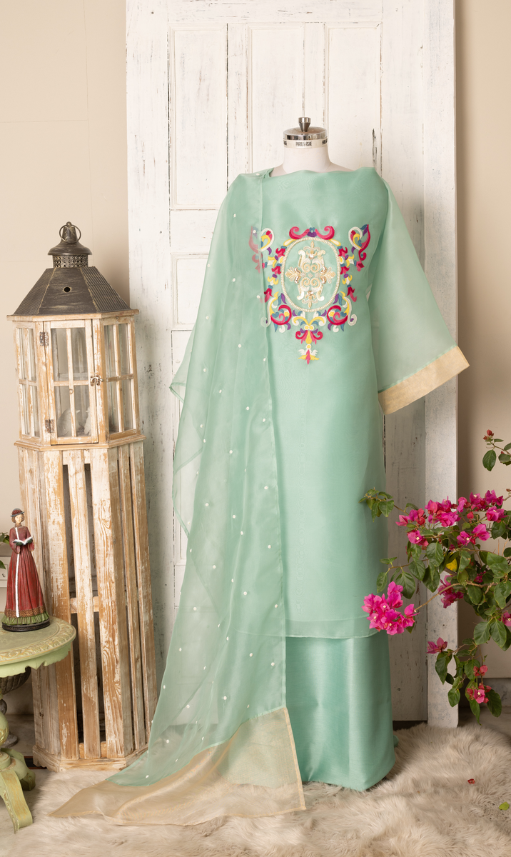 Sage Green Organza Suit Set - Hand Embroidered