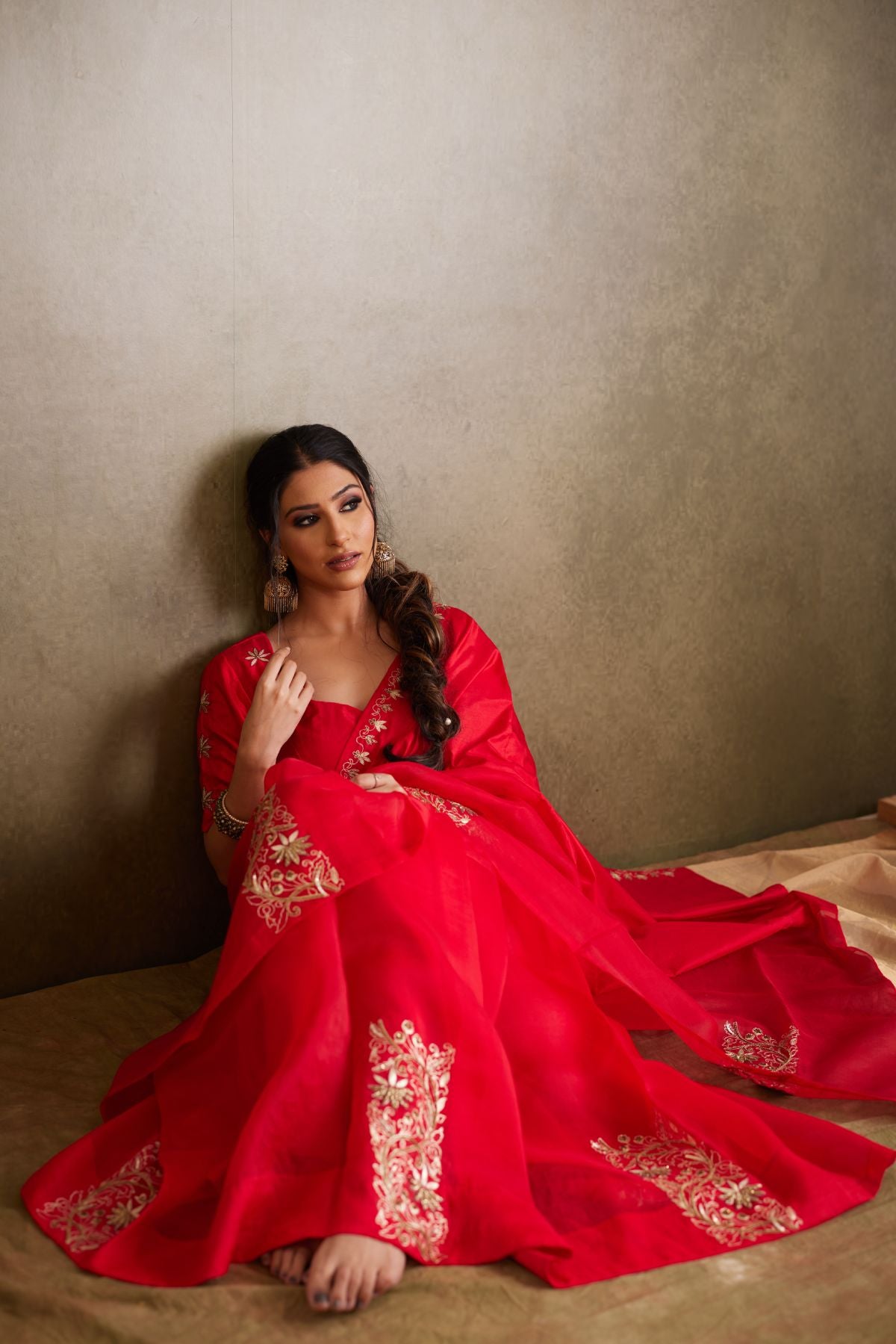 The Crimson Radiance - Red Organza & Silk Saree with Golden Tissue Palla and Hand Embroidery