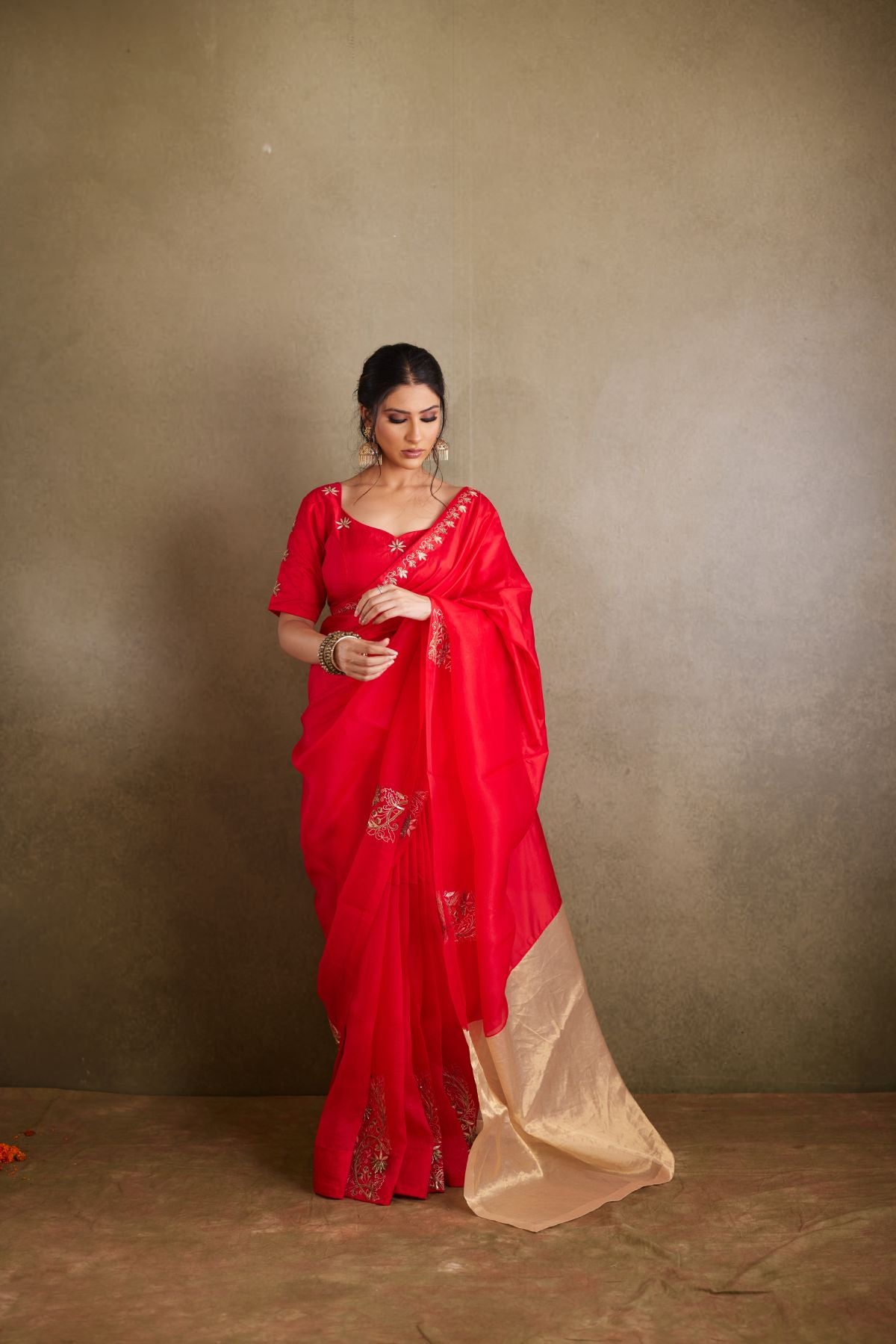 The Crimson Radiance - Red Organza & Silk Saree with Golden Tissue Palla and Hand Embroidery
