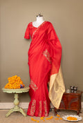 The Crimson Radiance - Red Organza & Silk Saree with Golden Tissue Palla and Hand Embroidery