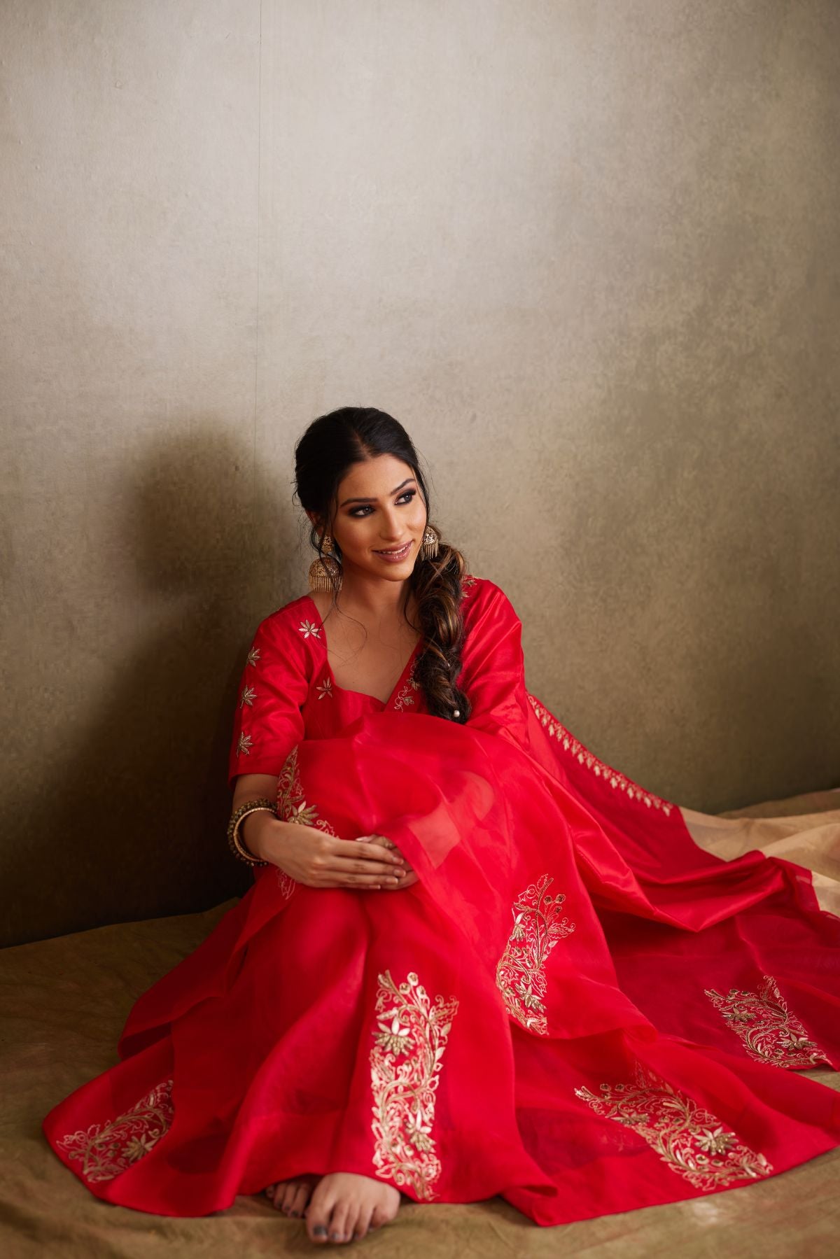 The Crimson Radiance - Red Organza & Silk Saree with Golden Tissue Palla and Hand Embroidery