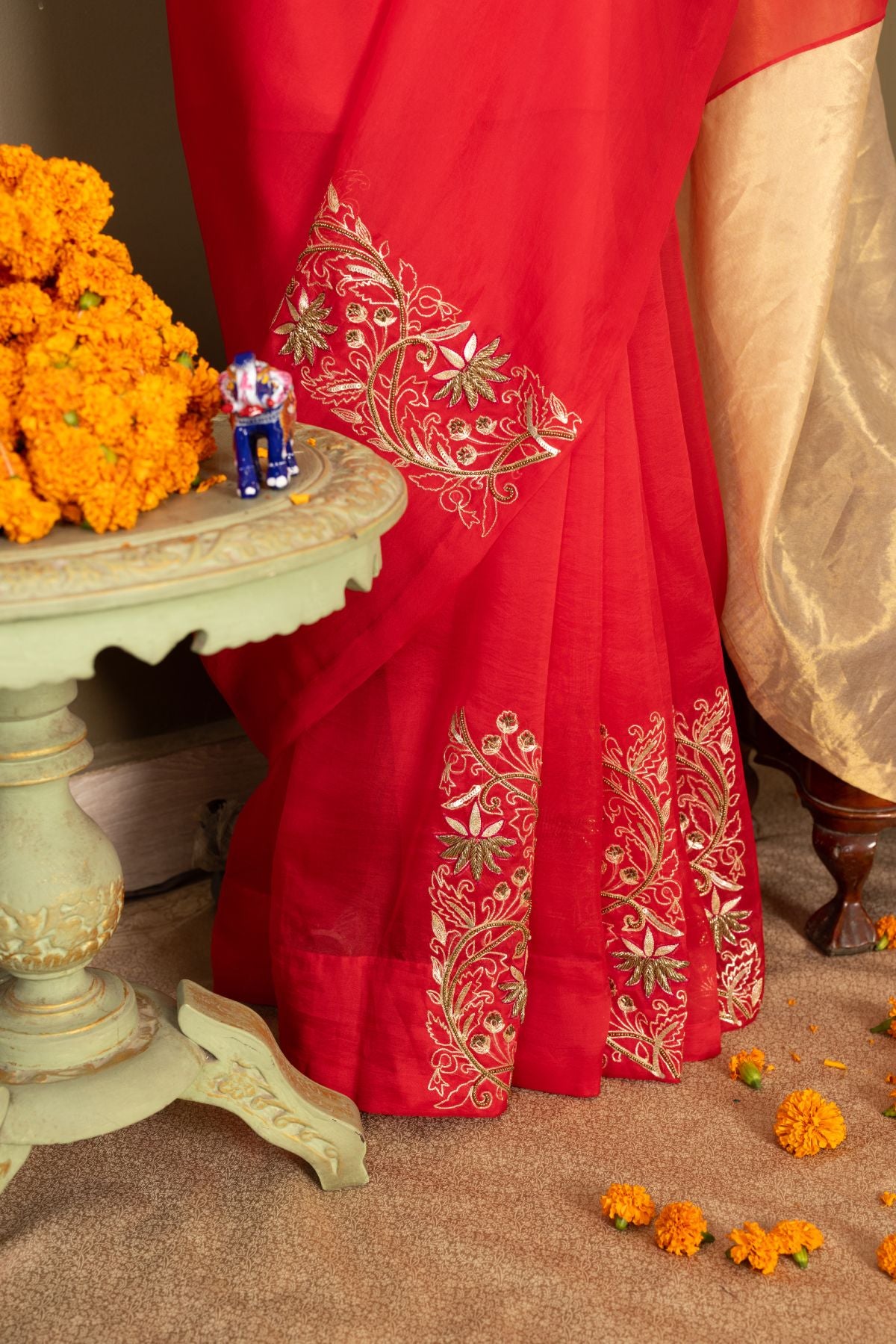 The Crimson Radiance - Red Organza & Silk Saree with Golden Tissue Palla and Hand Embroidery