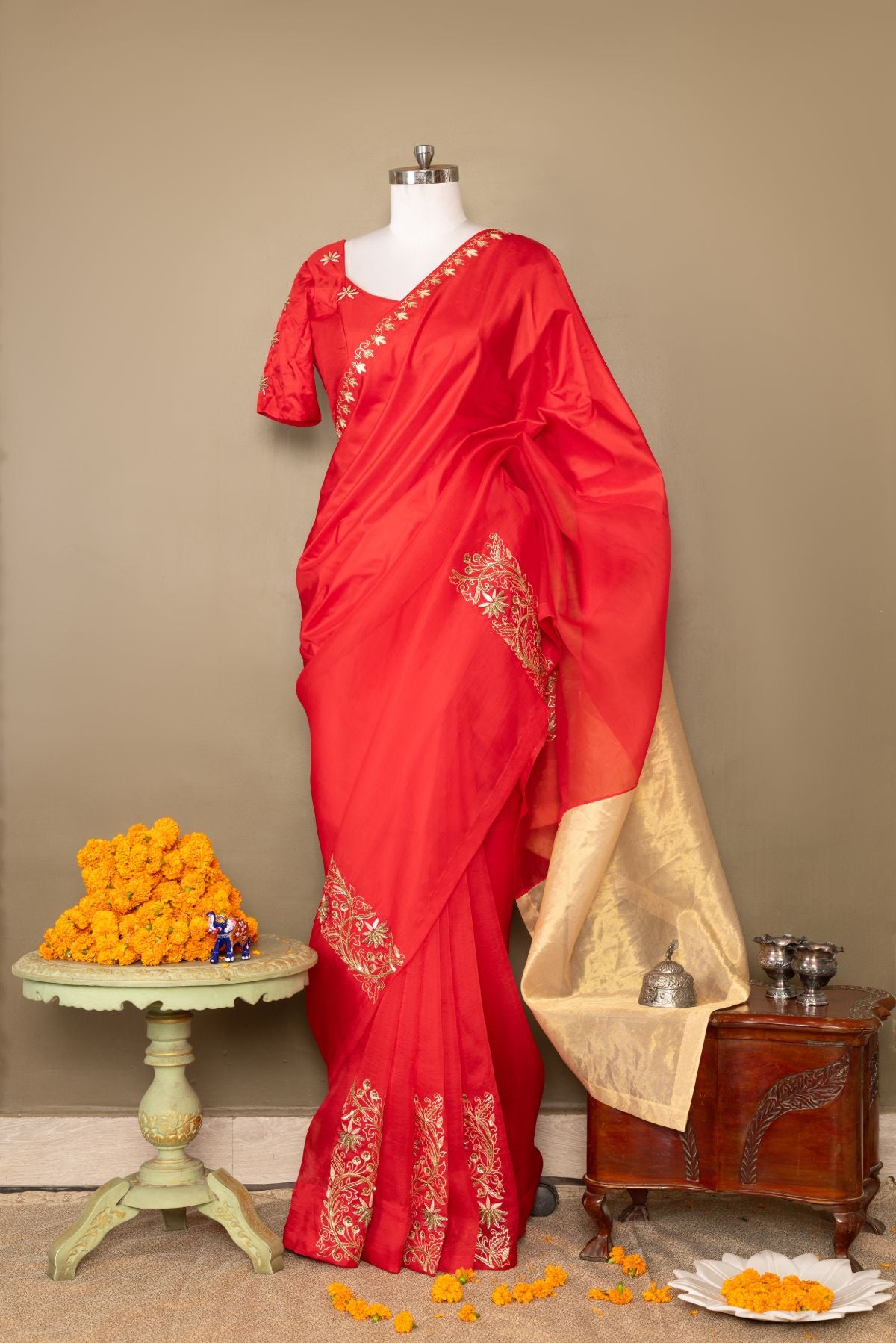 The Crimson Radiance - Red Organza & Silk Saree with Golden Tissue Palla and Hand Embroidery