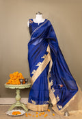 The Royal Azure - Blue Organza & Silk Saree with Hand-Embroidered Elephants and Golden Palla
