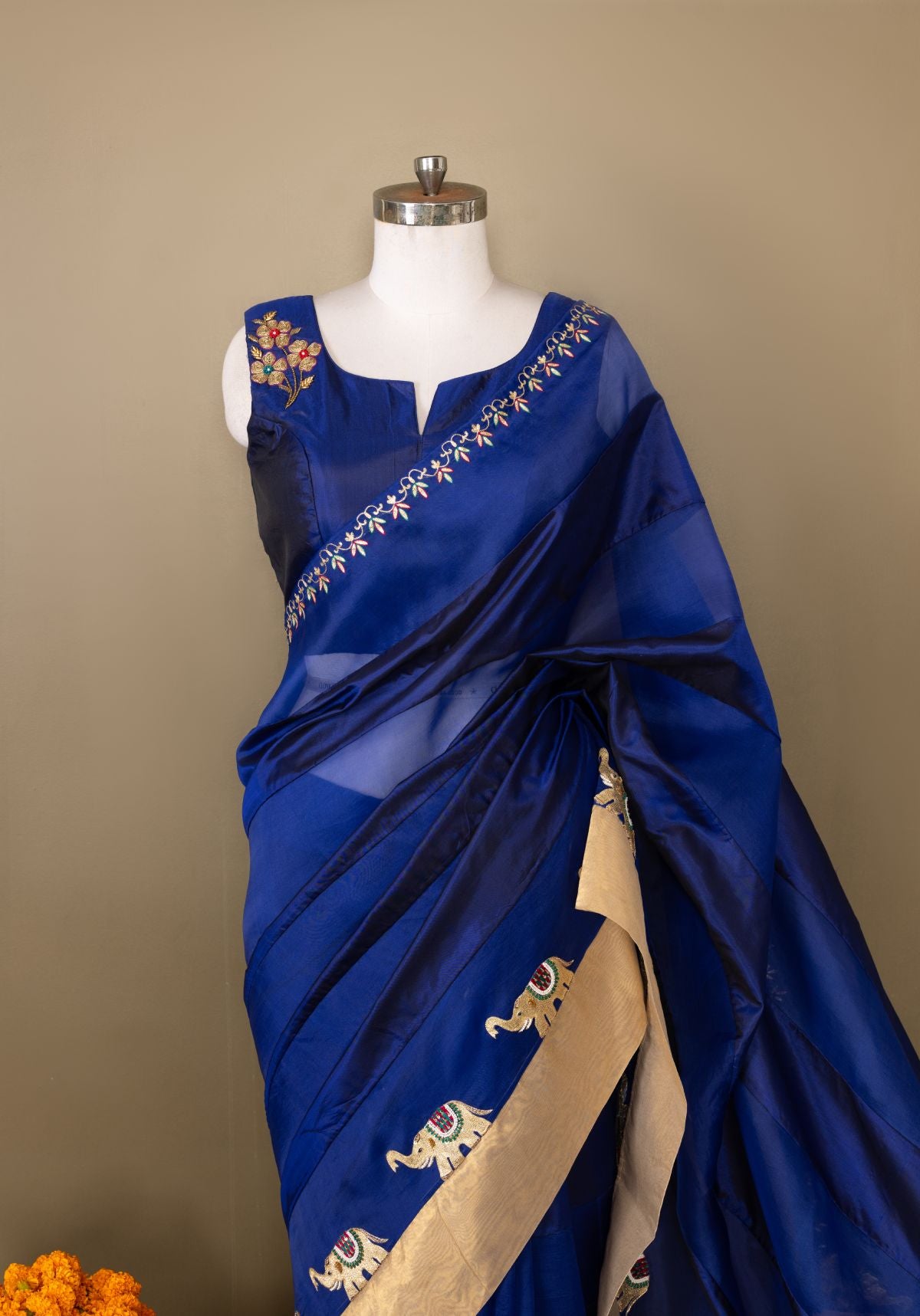 The Royal Azure - Blue Organza & Silk Saree with Hand-Embroidered Elephants and Golden Palla