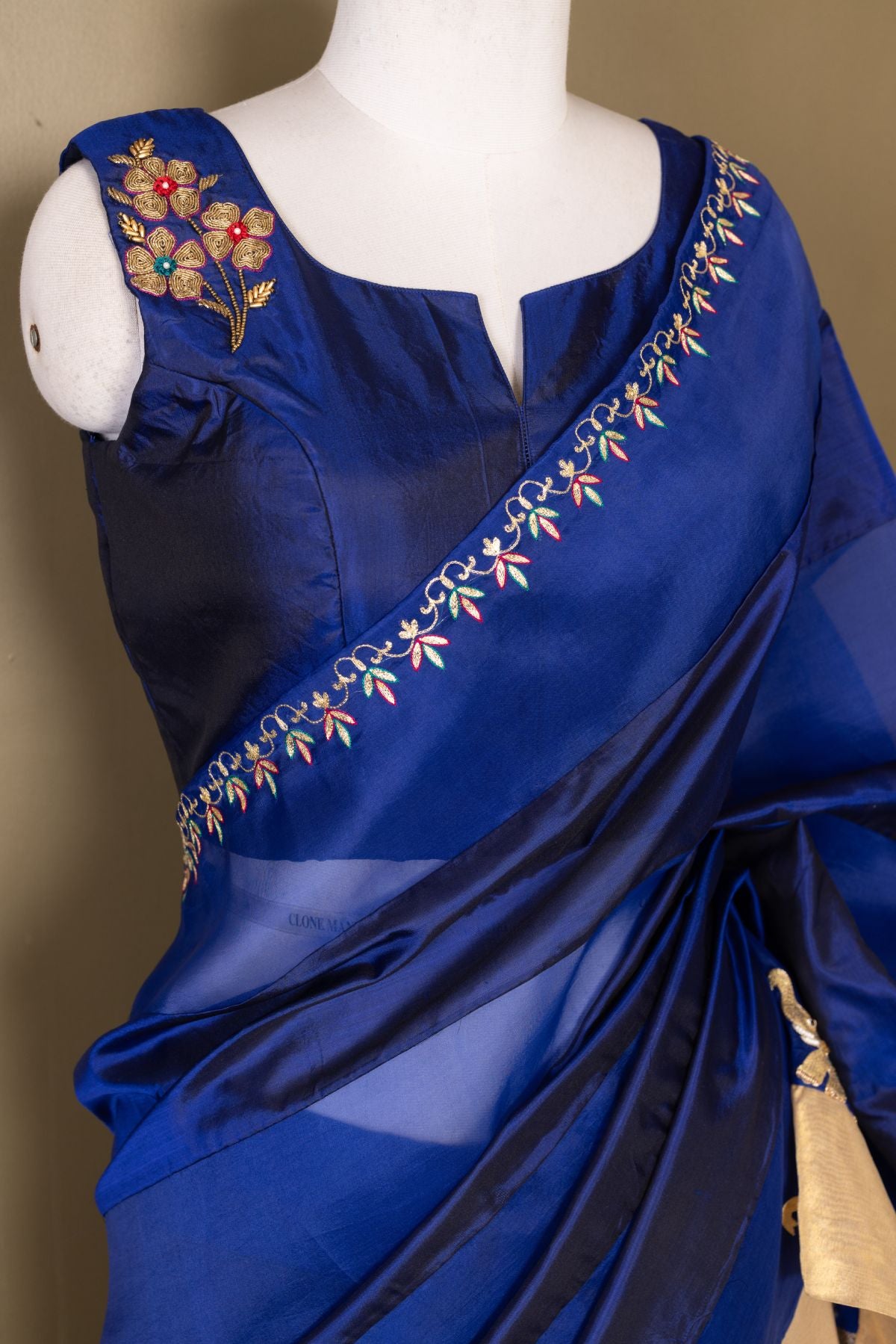 The Royal Azure - Blue Organza & Silk Saree with Hand-Embroidered Elephants and Golden Palla