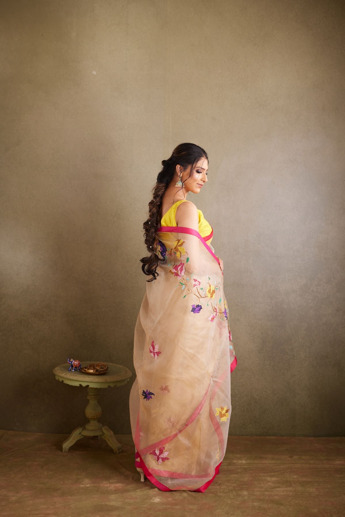 The Golden Bloom - Tissue Saree with Appliqué Motifs and Fuchsia Silk Detailing