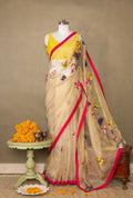 The Golden Bloom - Tissue Saree with Appliqué Motifs and Fuchsia Silk Detailing