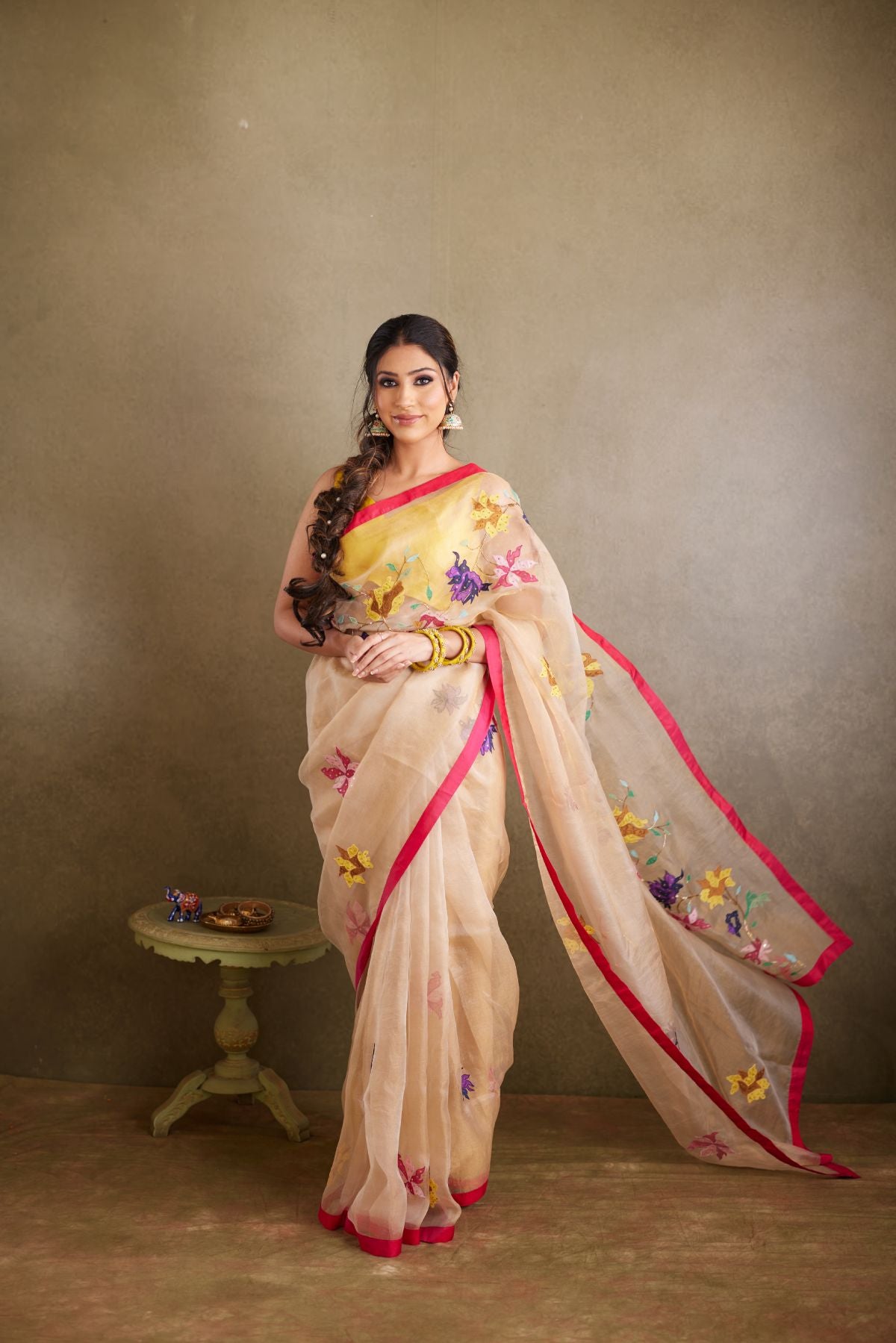 The Golden Bloom - Tissue Saree with Appliqué Motifs and Fuchsia Silk Detailing