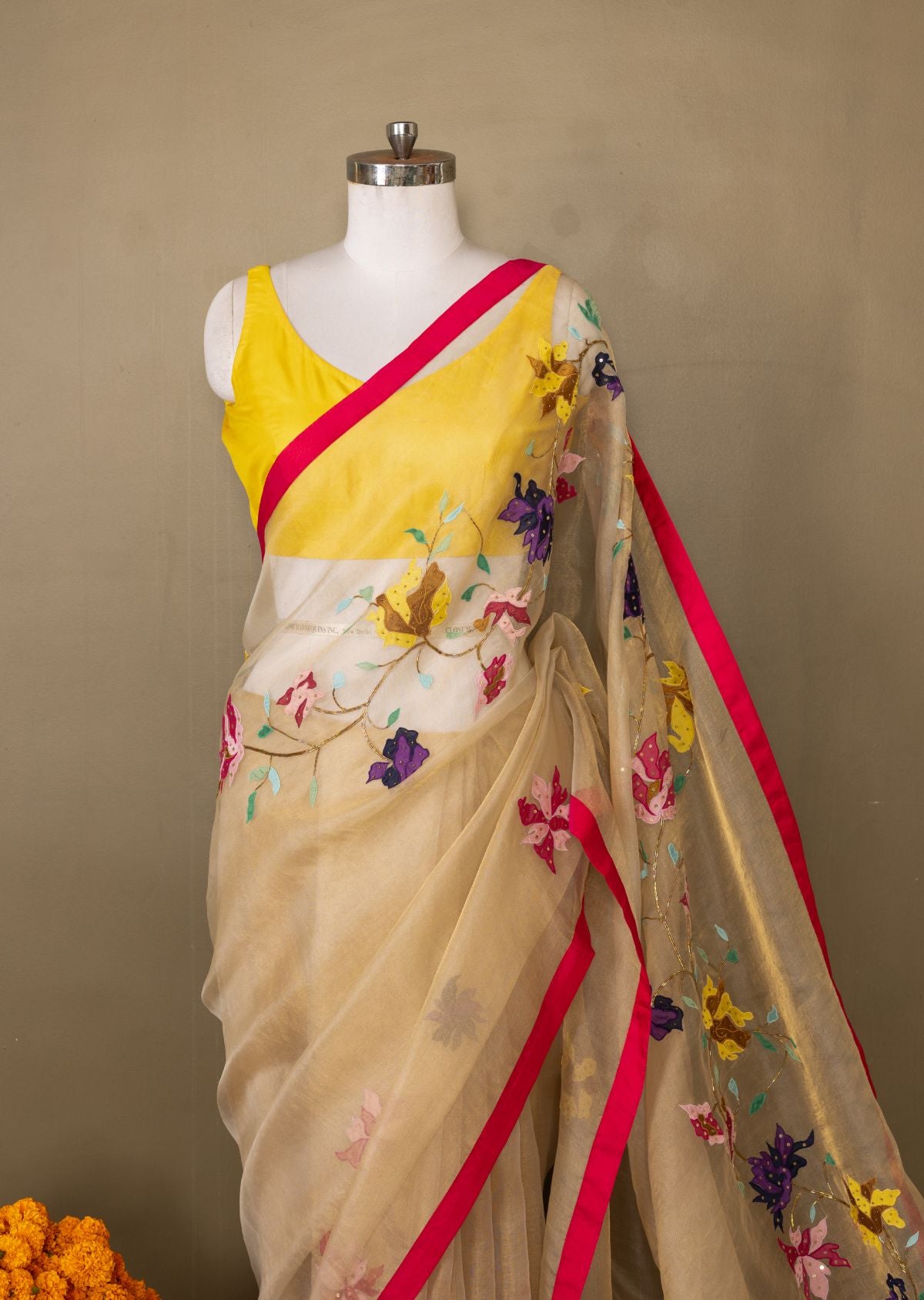 The Golden Bloom - Tissue Saree with Appliqué Motifs and Fuchsia Silk Detailing