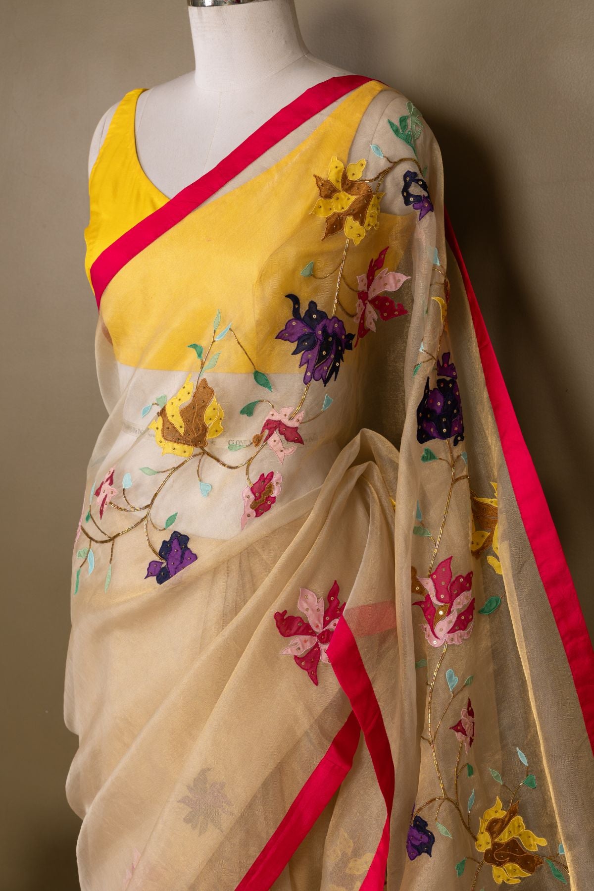The Golden Bloom - Tissue Saree with Appliqué Motifs and Fuchsia Silk Detailing