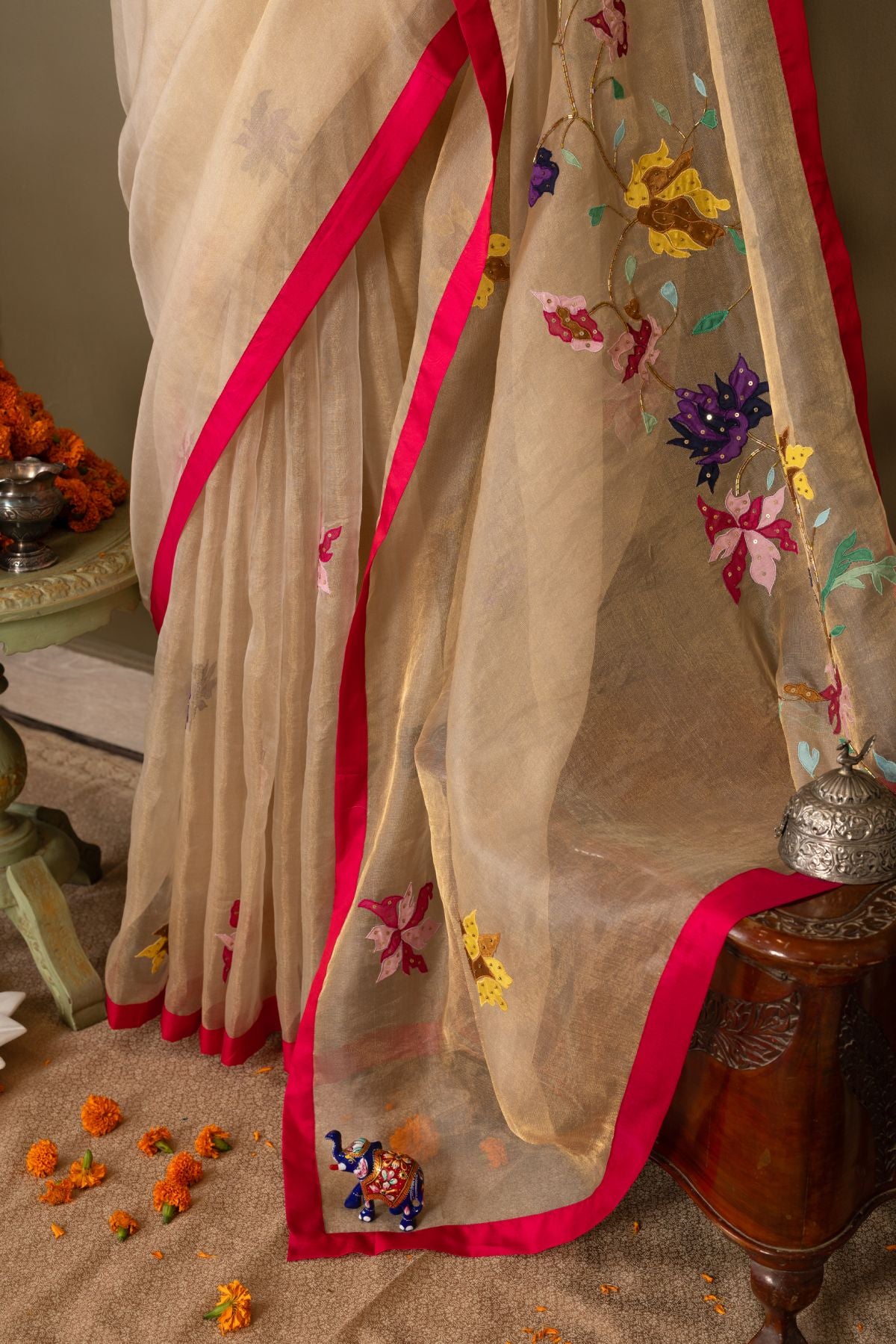 The Golden Bloom - Tissue Saree with Appliqué Motifs and Fuchsia Silk Detailing