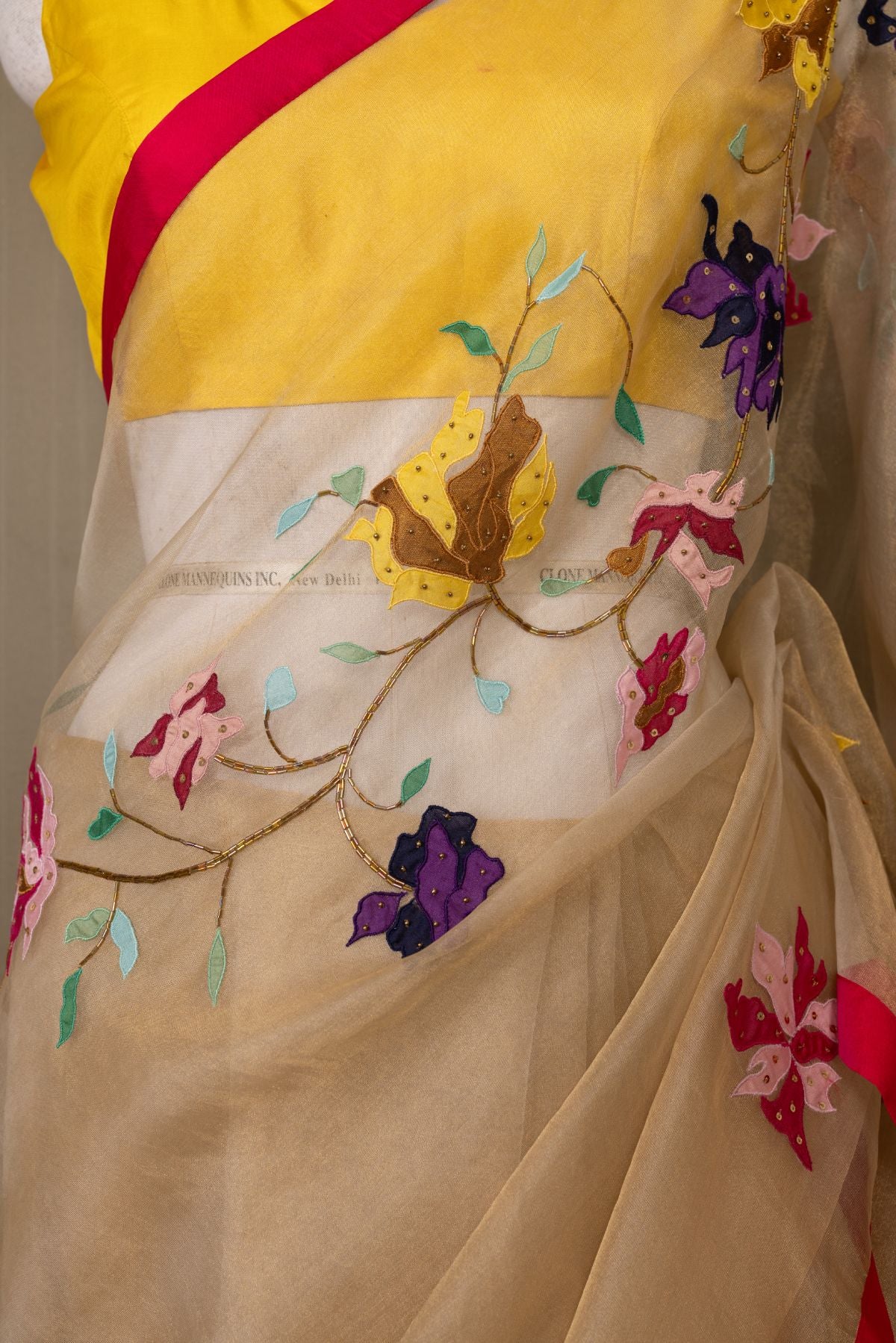 The Golden Bloom - Tissue Saree with Appliqué Motifs and Fuchsia Silk Detailing