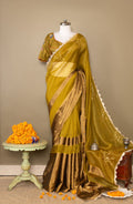 The Olive Majesty - Organza & Tissue Saree with Sequined Borders and Peacock Embroidery