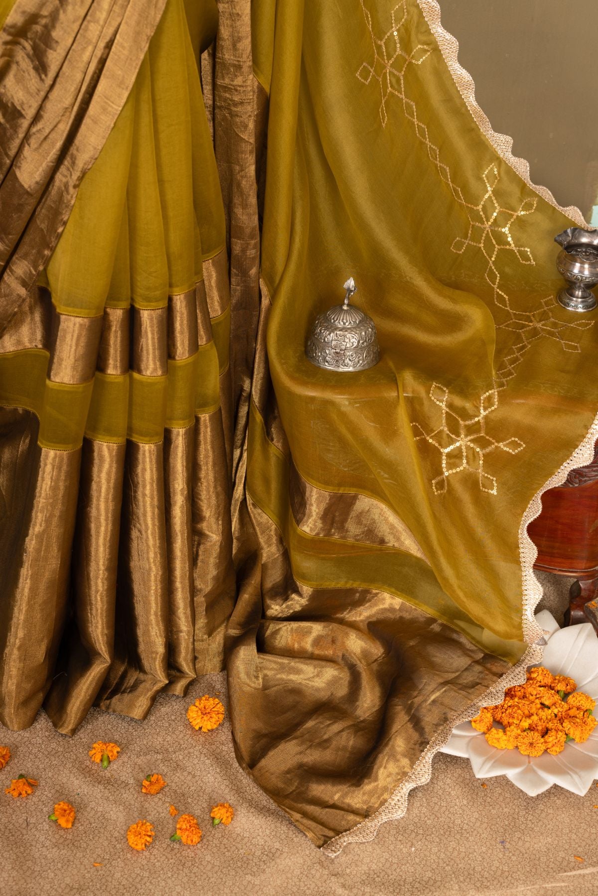 The Olive Majesty - Organza & Tissue Saree with Sequined Borders and Peacock Embroidery