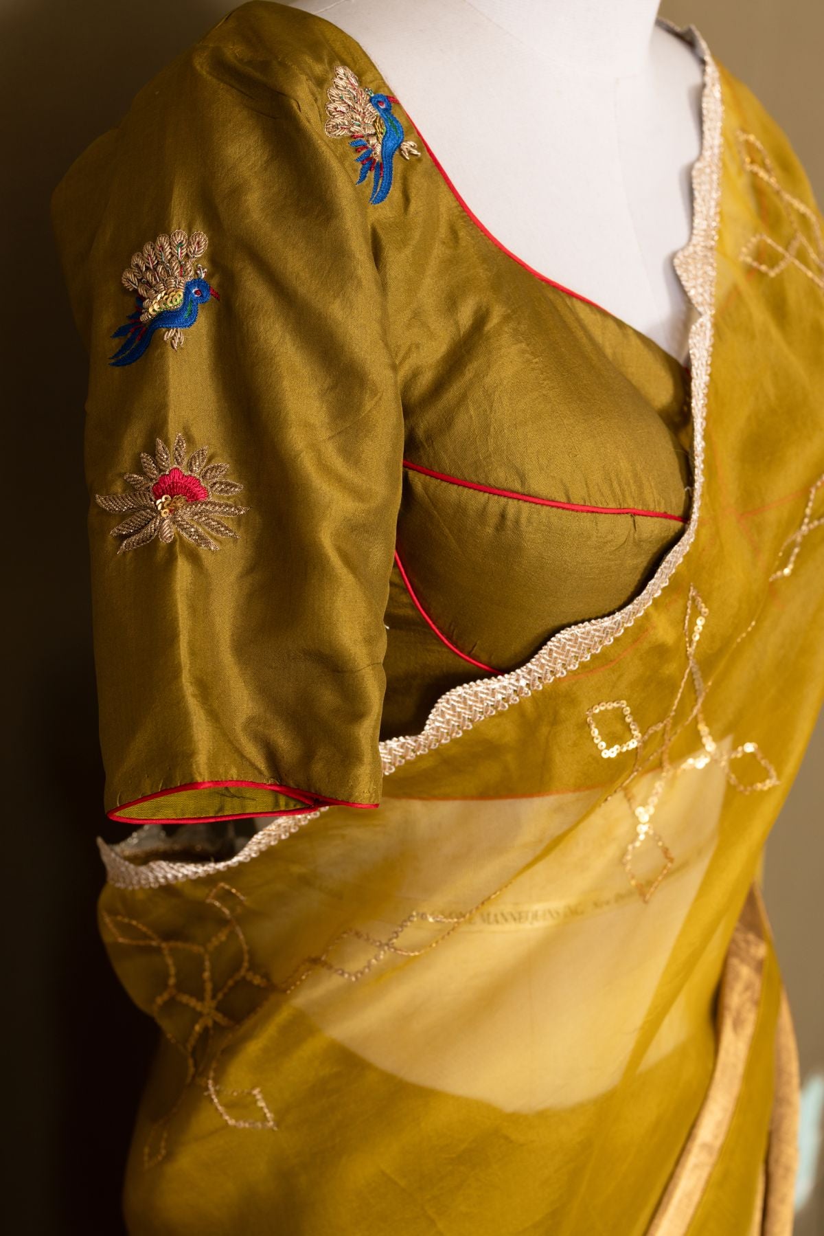 The Olive Majesty - Organza & Tissue Saree with Sequined Borders and Peacock Embroidery