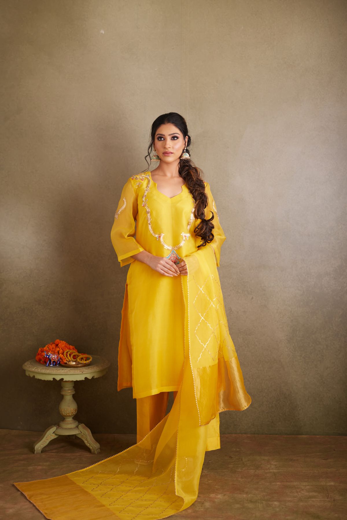 The Golden Sunshine - Yellow Organza Suit with Embroidered Yoke and Tissue Palla