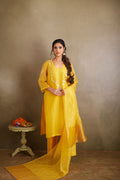 The Golden Sunshine - Stitched Yellow Organza Suit with Embroidered Yoke and Tissue Palla