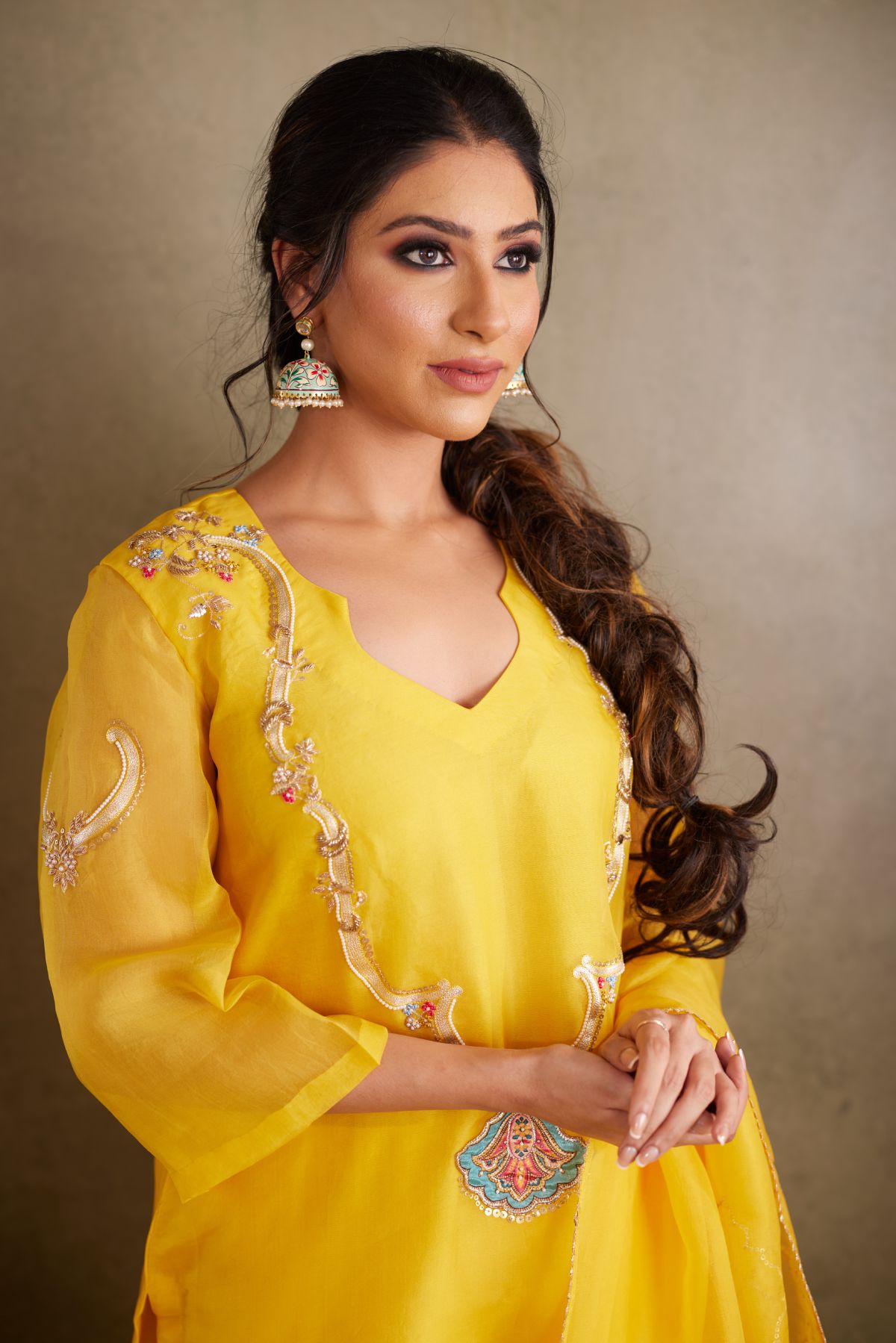 The Golden Sunshine - Yellow Organza Suit with Embroidered Yoke and Tissue Palla