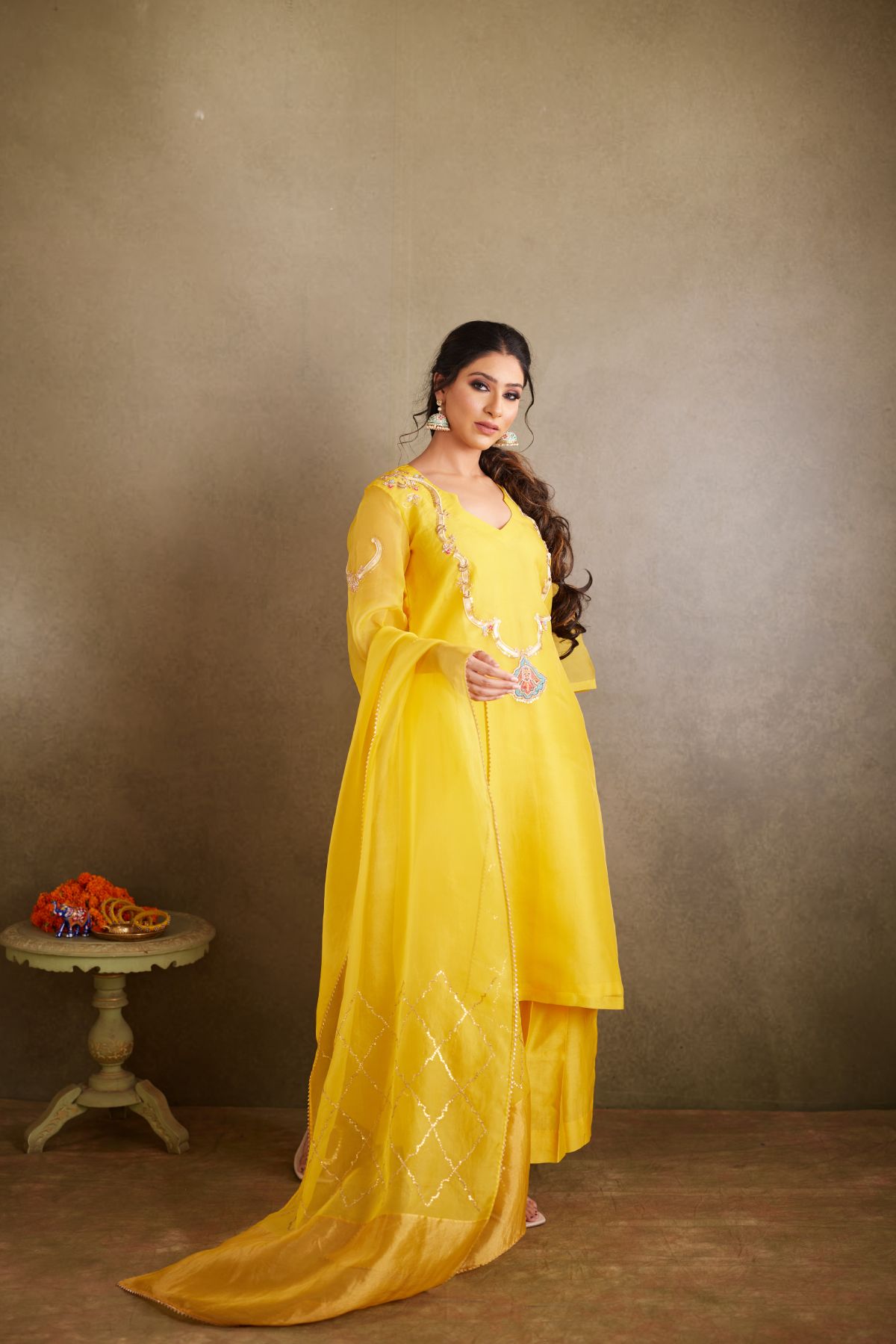 The Golden Sunshine - Yellow Organza Suit with Embroidered Yoke and Tissue Palla