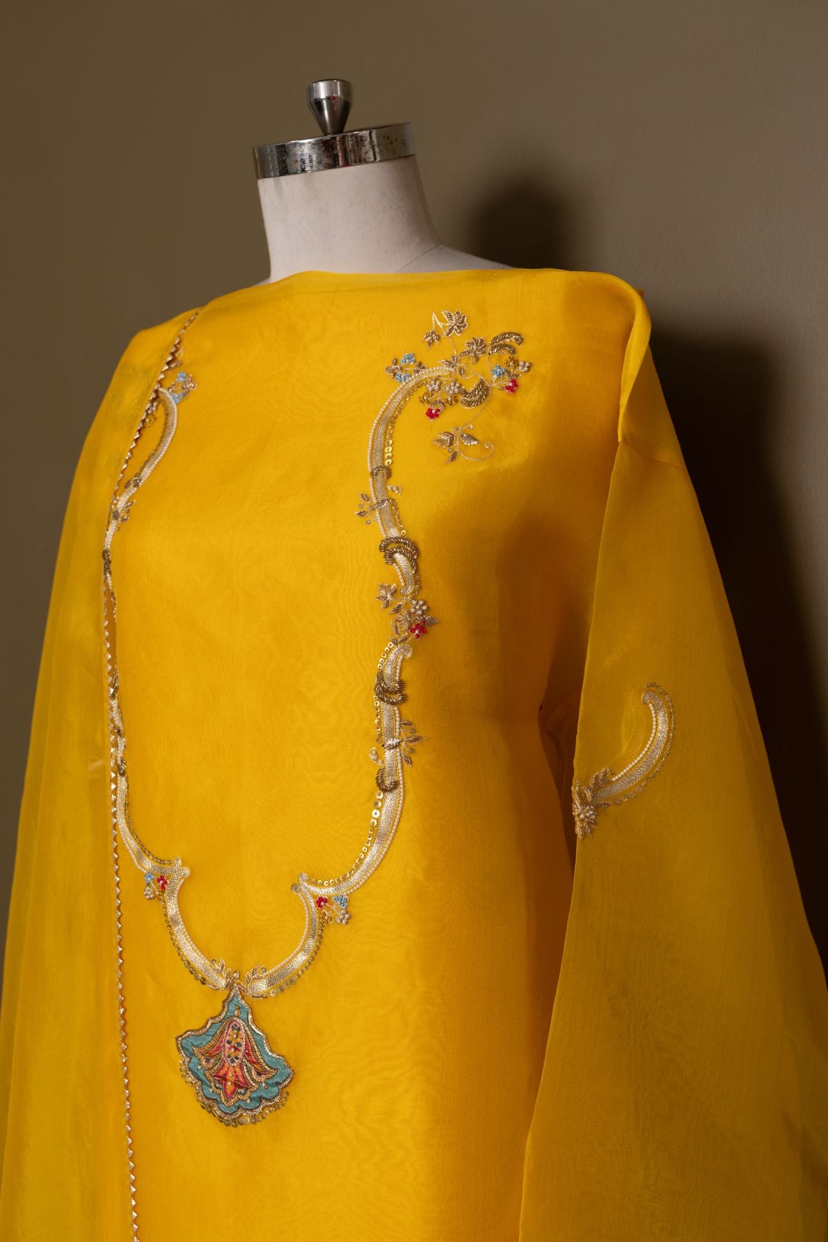 The Golden Sunshine - Yellow Organza Suit with Embroidered Yoke and Tissue Palla