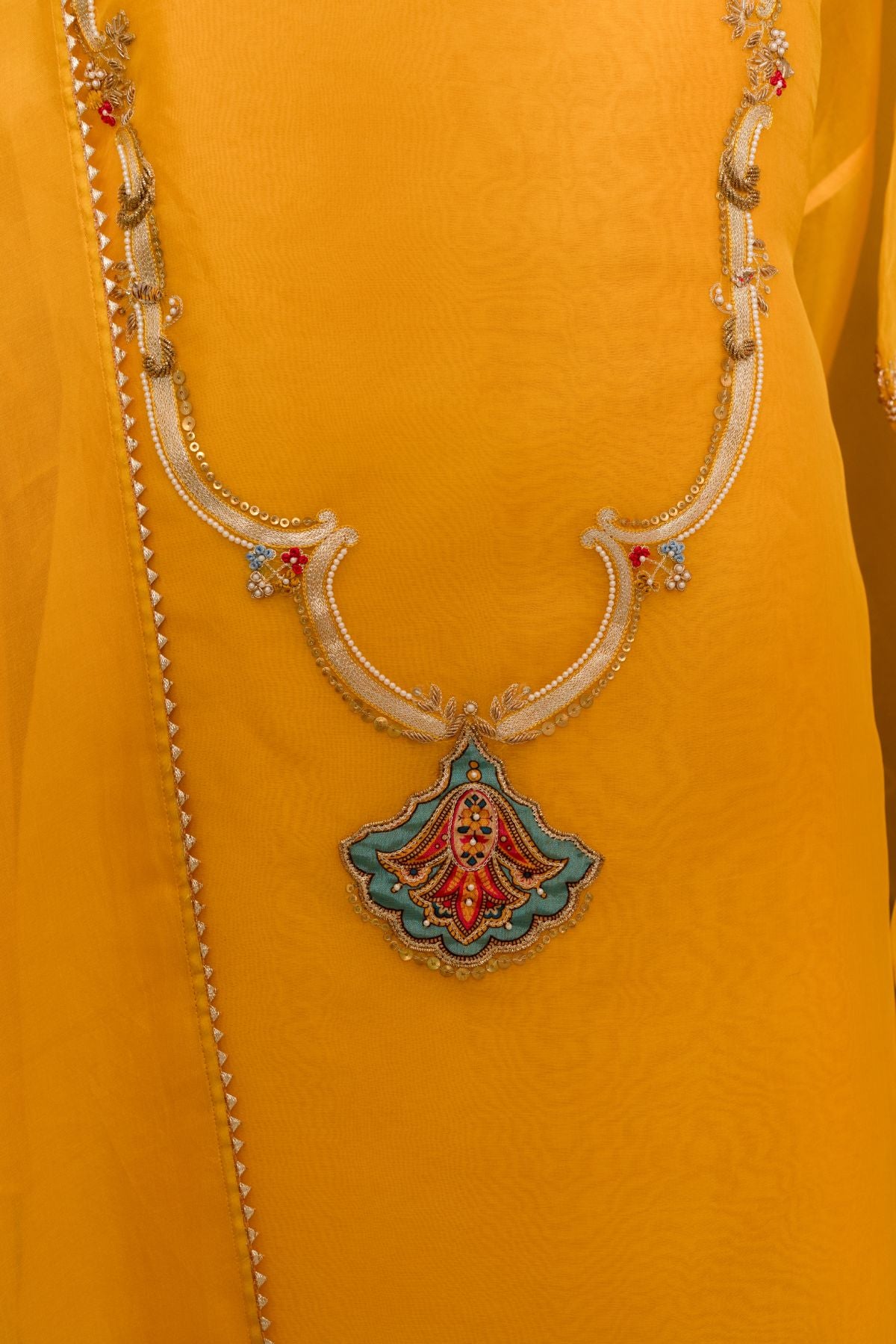 The Golden Sunshine - Yellow Organza Suit with Embroidered Yoke and Tissue Palla