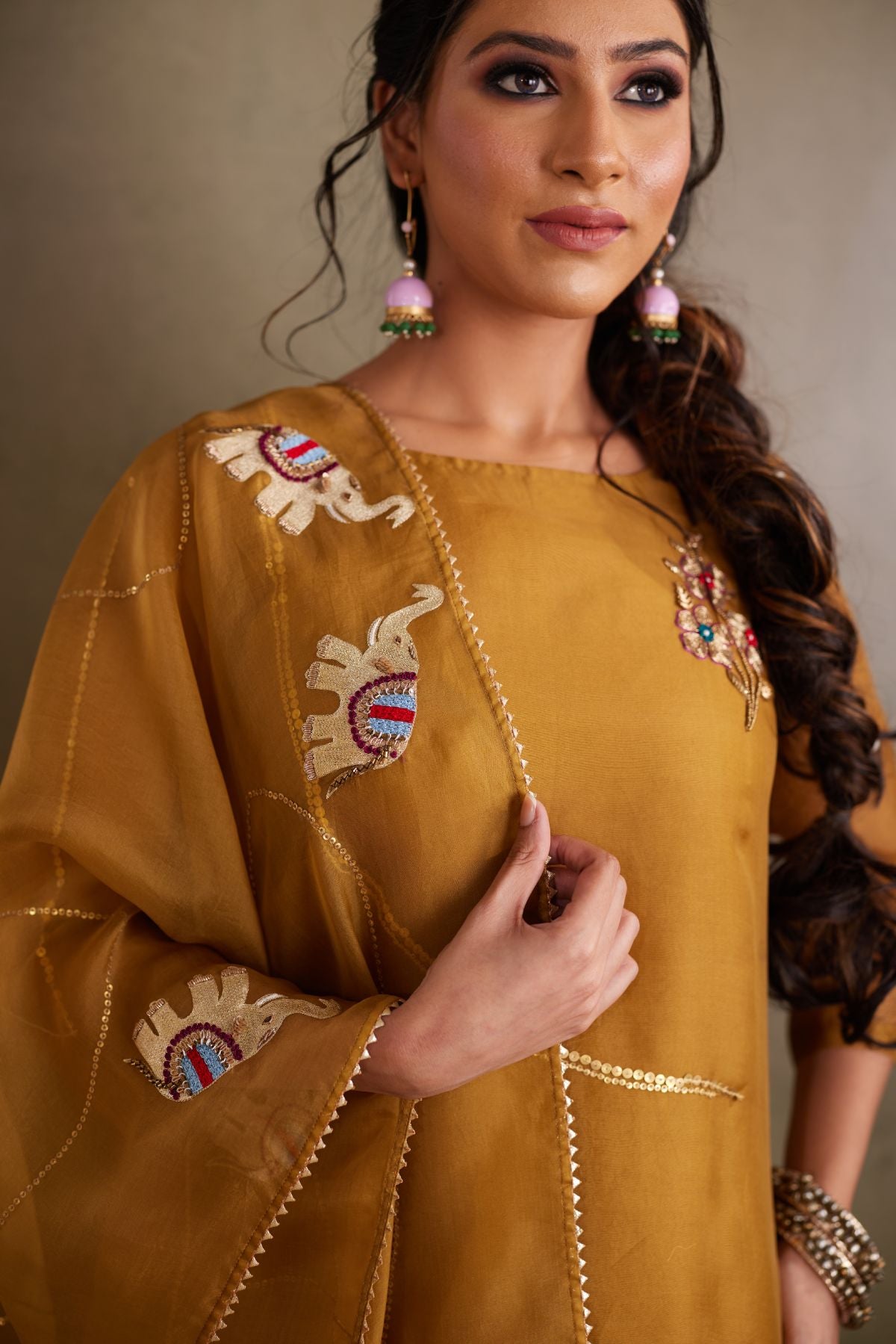 The Earthly Grace - Olive Organza Suit with Hand-Embroidered Elephant Motifs