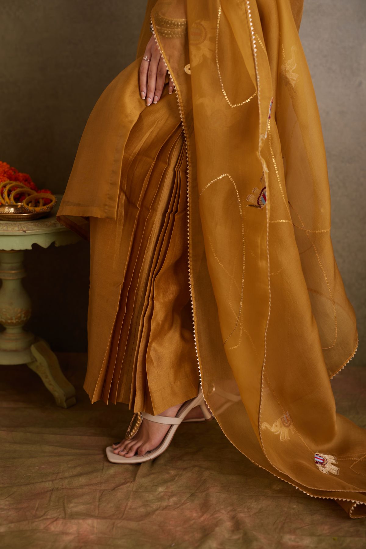 The Earthly Grace - Olive Organza Suit with Hand-Embroidered Elephant Motifs