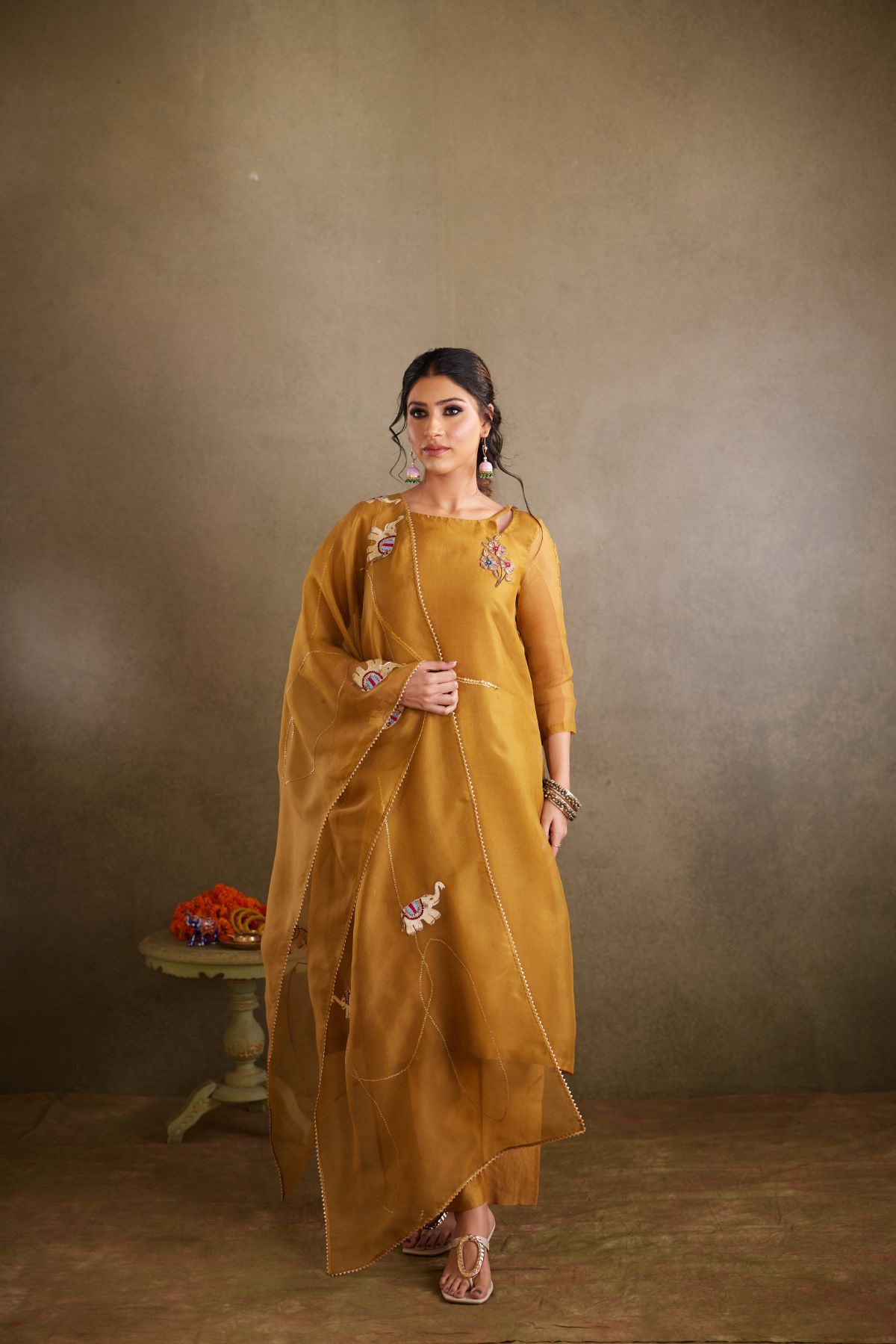 The Earthly Grace - Olive Organza Suit with Hand-Embroidered Elephant Motifs