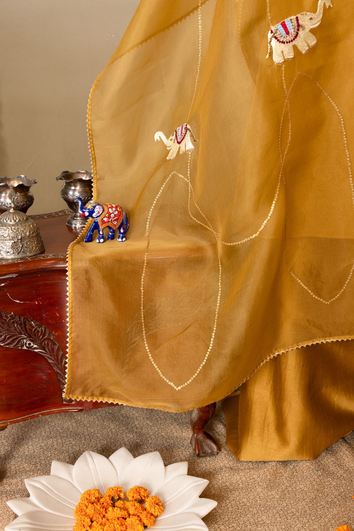 The Earthly Grace - Olive Organza Suit with Hand-Embroidered Elephant Motifs