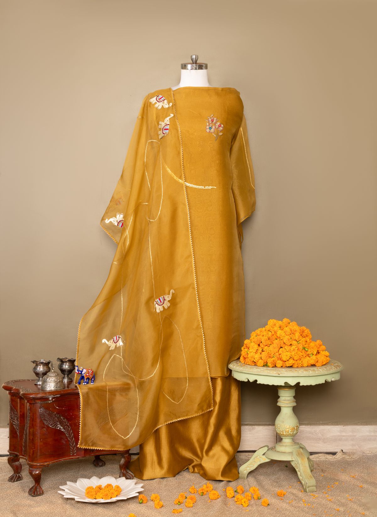 The Earthly Grace - Olive Organza Suit with Hand-Embroidered Elephant Motifs