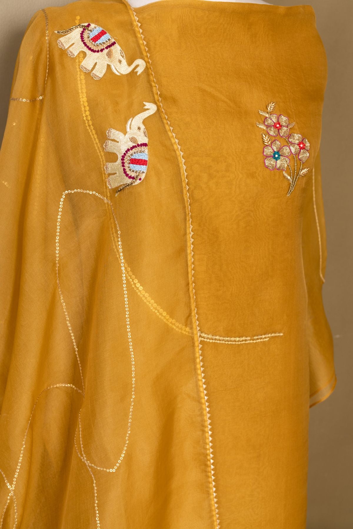 The Earthly Grace - Olive Organza Suit with Hand-Embroidered Elephant Motifs