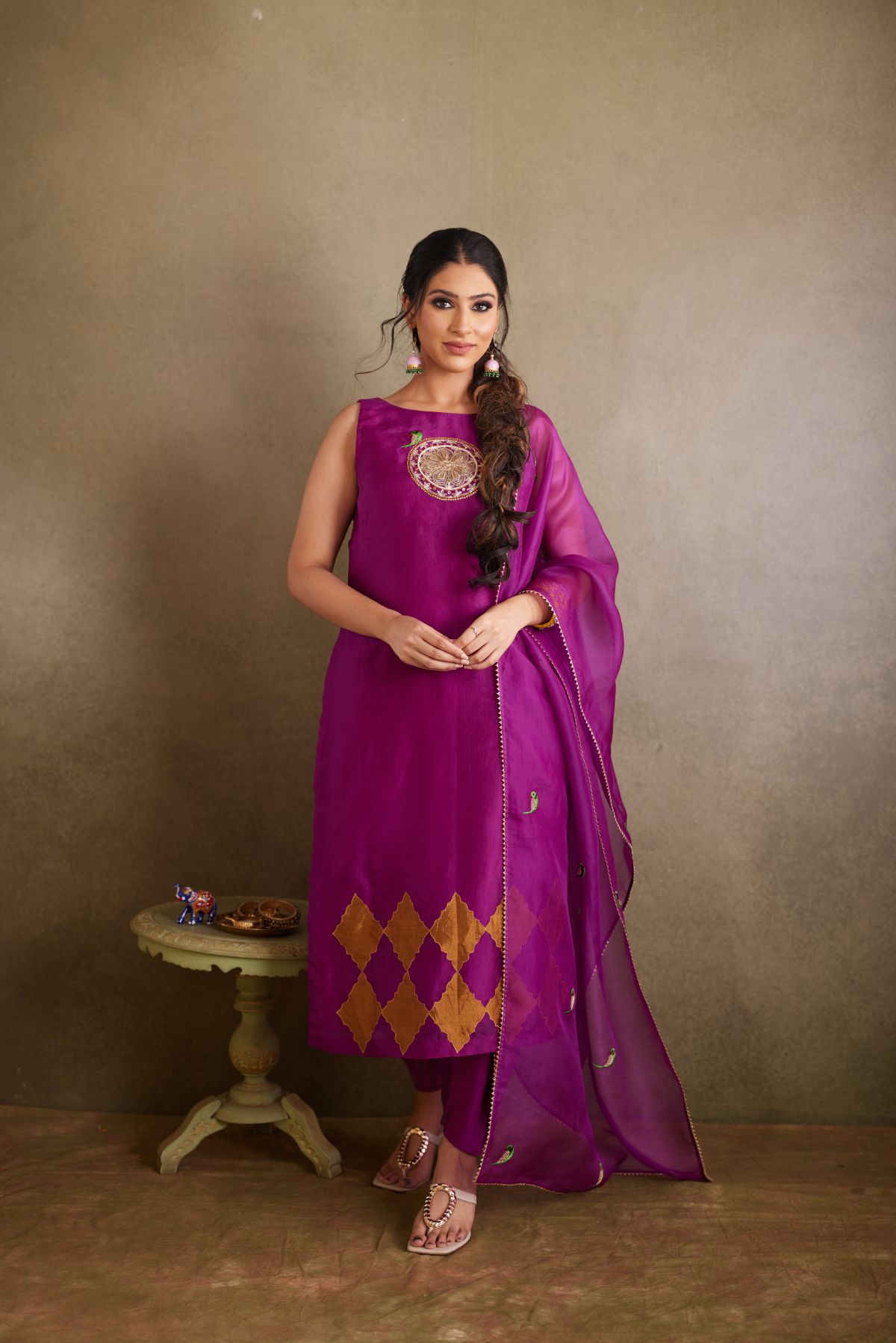 The Wine Whisper - Organza Suit with Hand-Embroidered Parrot Motifs