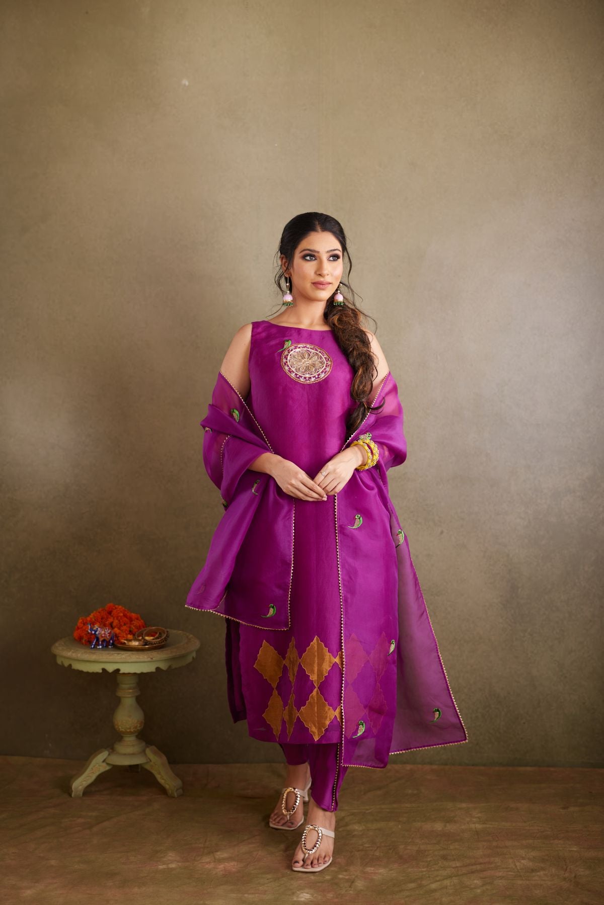 The Wine Whisper - Organza Suit with Hand-Embroidered Parrot Motifs