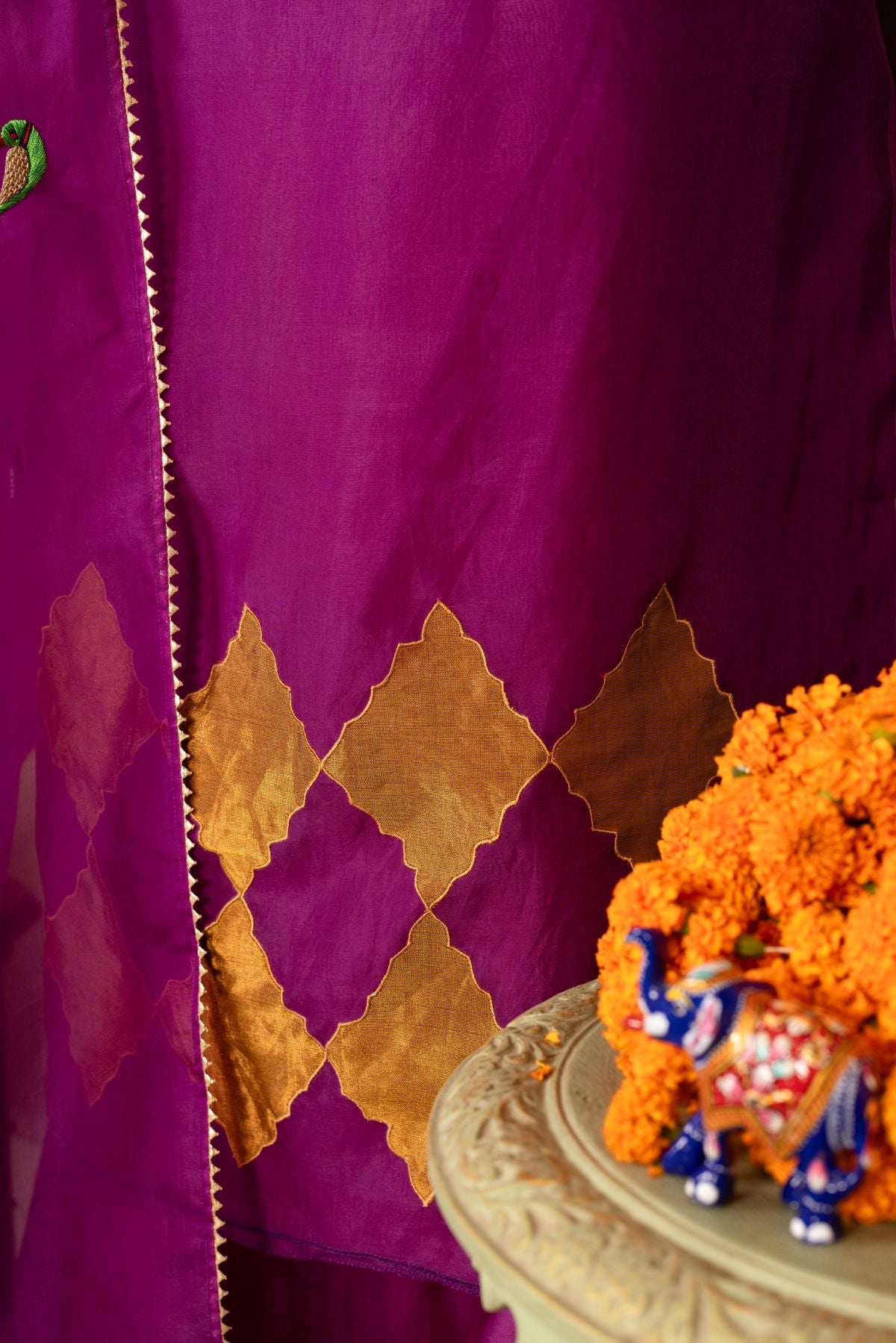 The Wine Whisper - Organza Suit with Hand-Embroidered Parrot Motifs