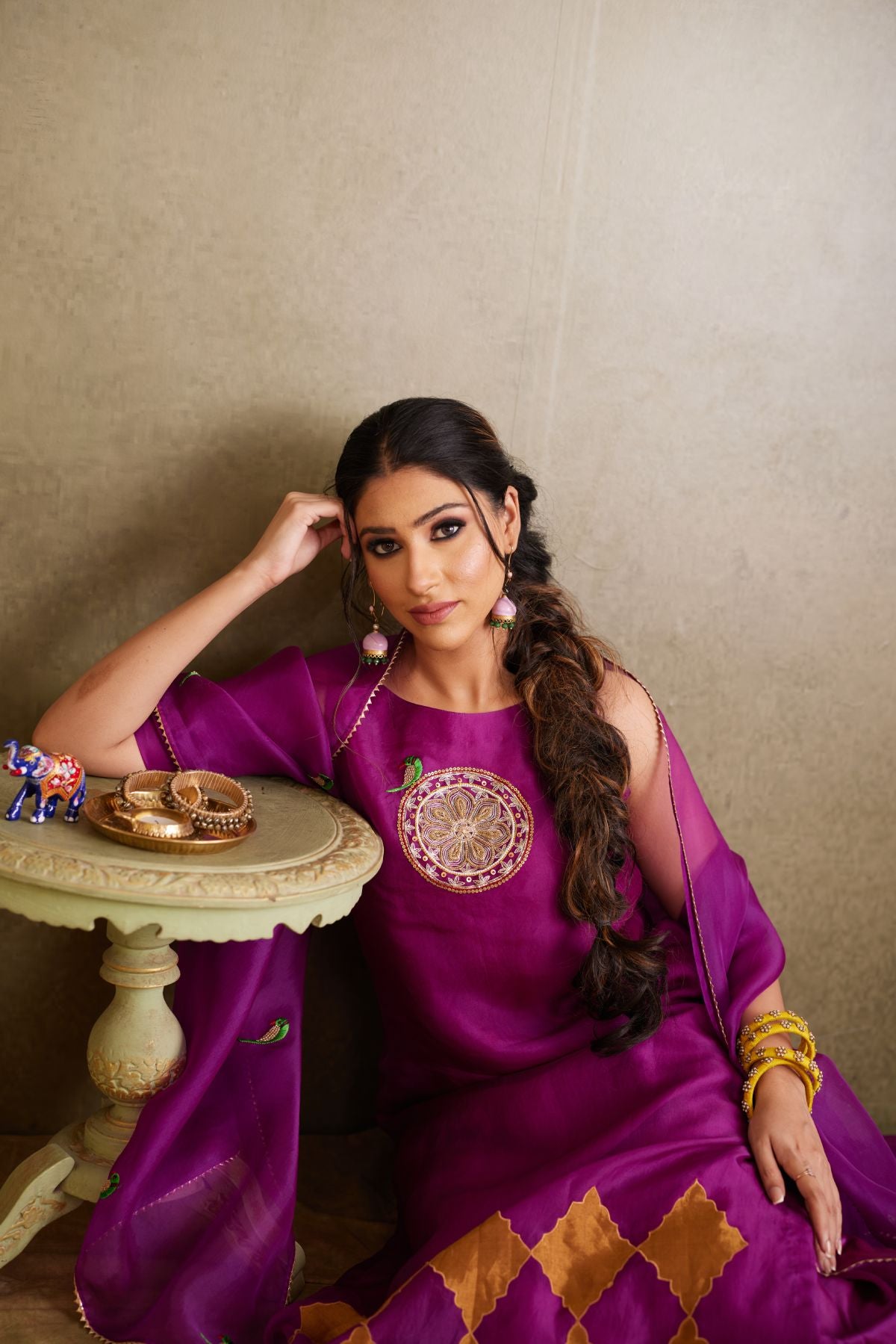 The Wine Whisper - Organza Suit with Hand-Embroidered Parrot Motifs