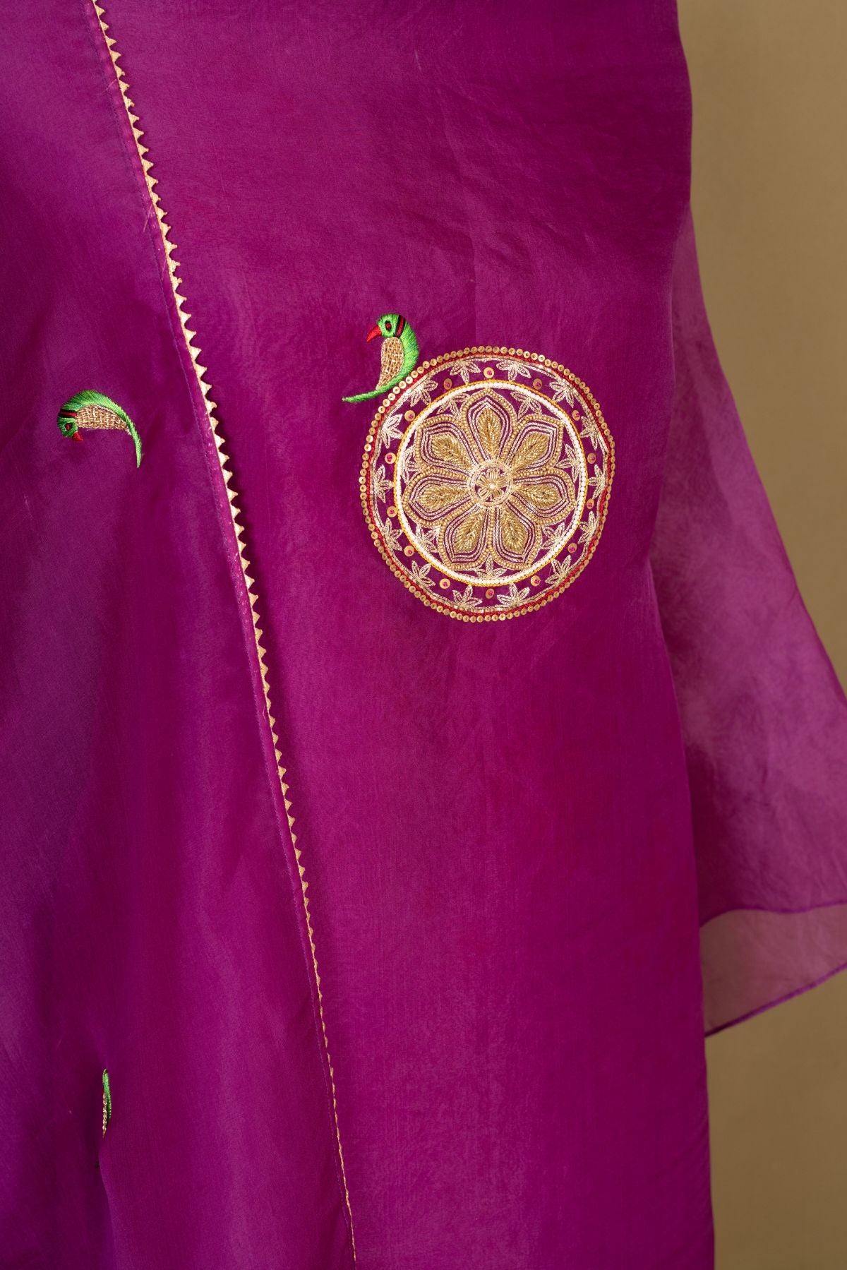 The Wine Whisper - Organza Suit with Hand-Embroidered Parrot Motifs