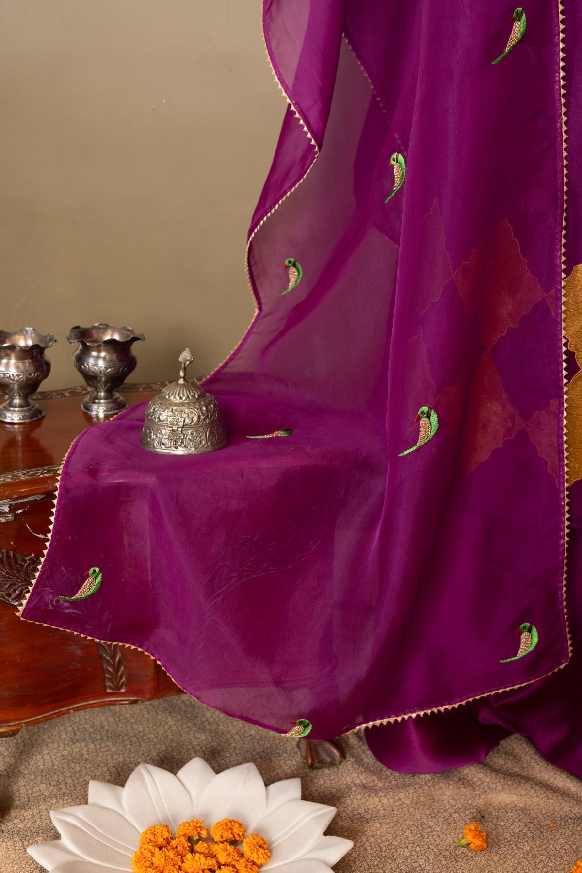 The Wine Whisper - Organza Suit with Hand-Embroidered Parrot Motifs