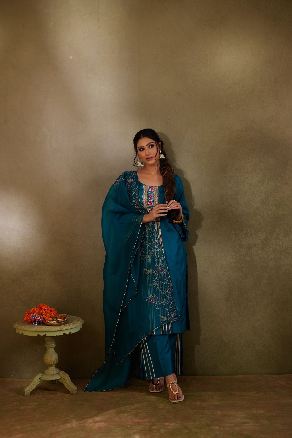 The Teal Reverie - Summer Silk Suit with Embroidered Yoke and Organza Dupatta