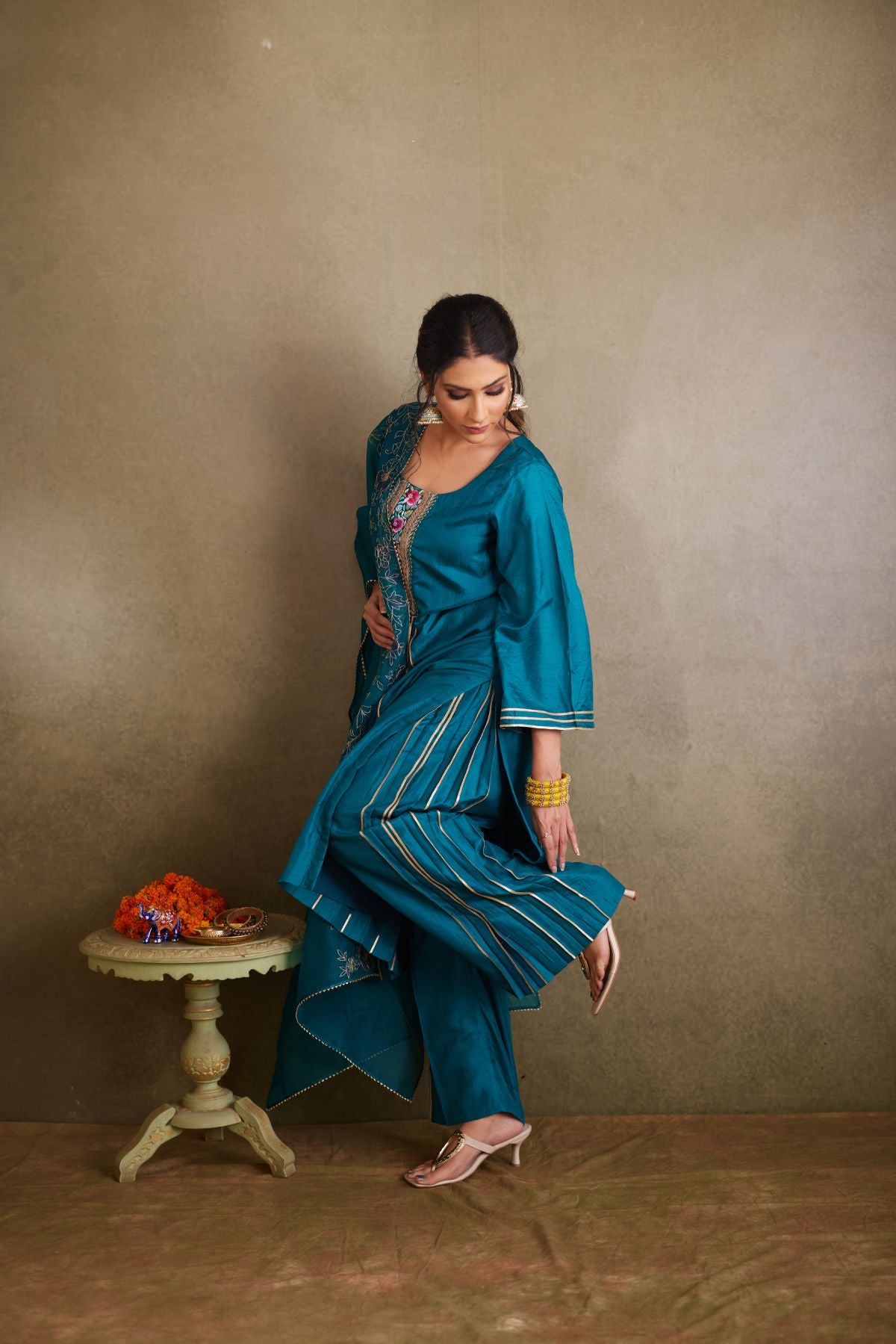 The Teal Reverie - Summer Silk Suit with Embroidered Yoke and Organza Dupatta