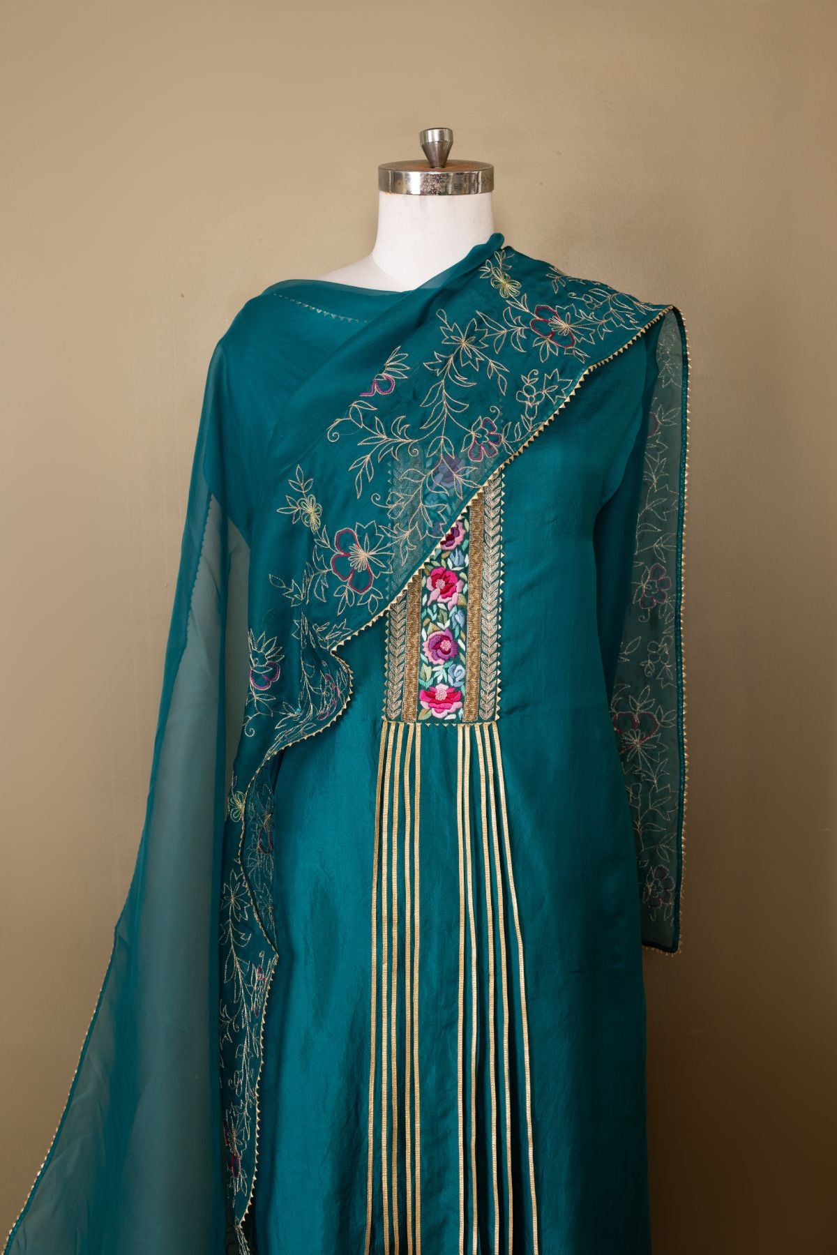 The Teal Reverie - Summer Silk Suit with Embroidered Yoke and Organza Dupatta