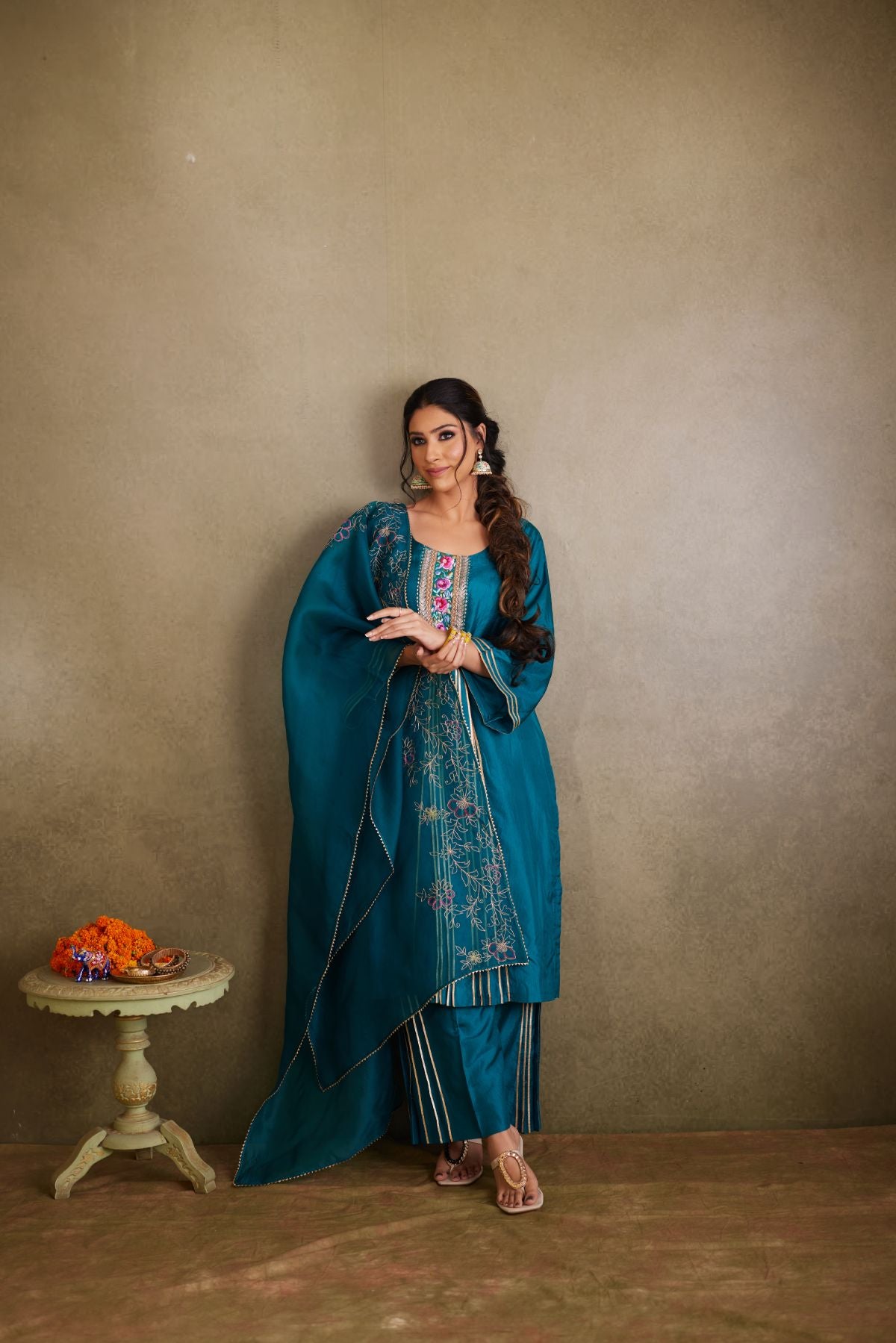 The Teal Reverie - Summer Silk Suit with Embroidered Yoke and Organza Dupatta