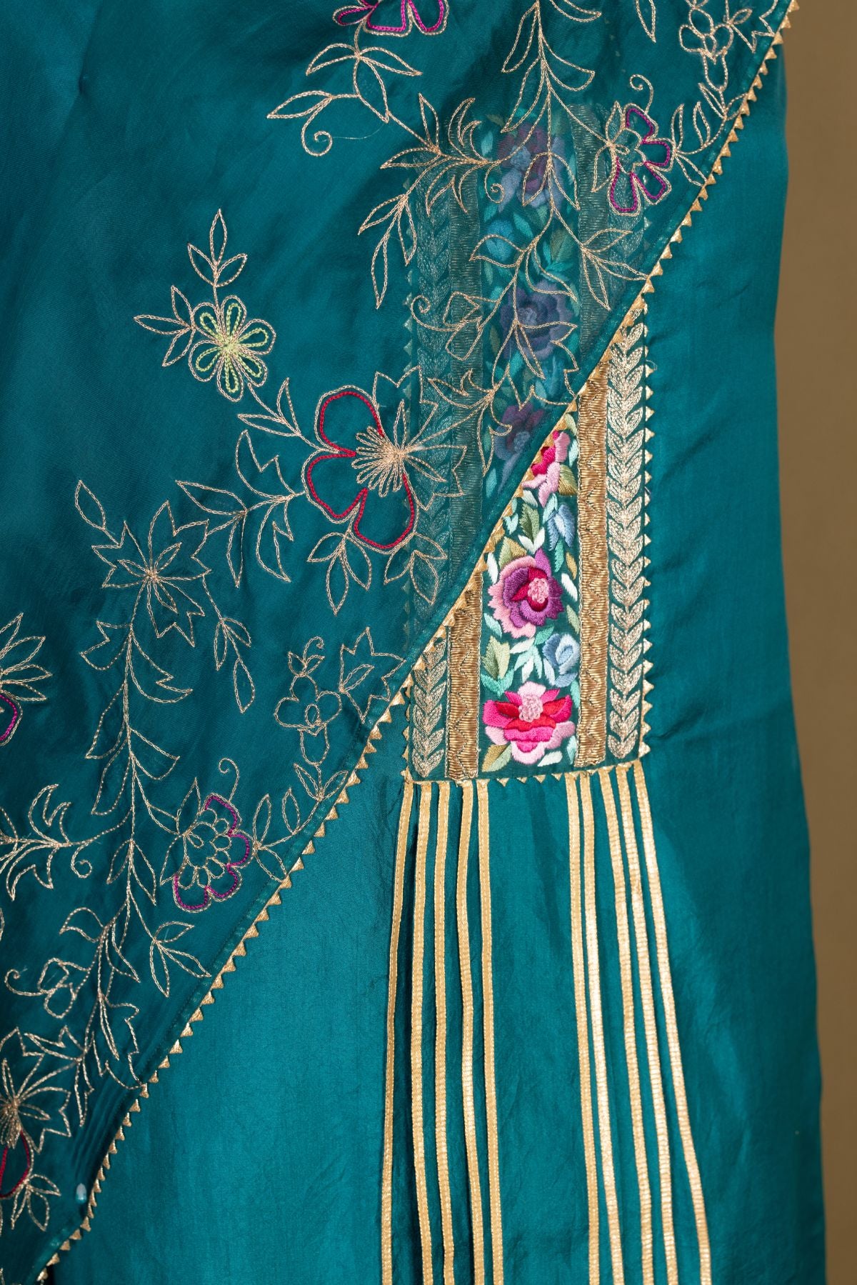 The Teal Reverie - Summer Silk Suit with Embroidered Yoke and Organza Dupatta