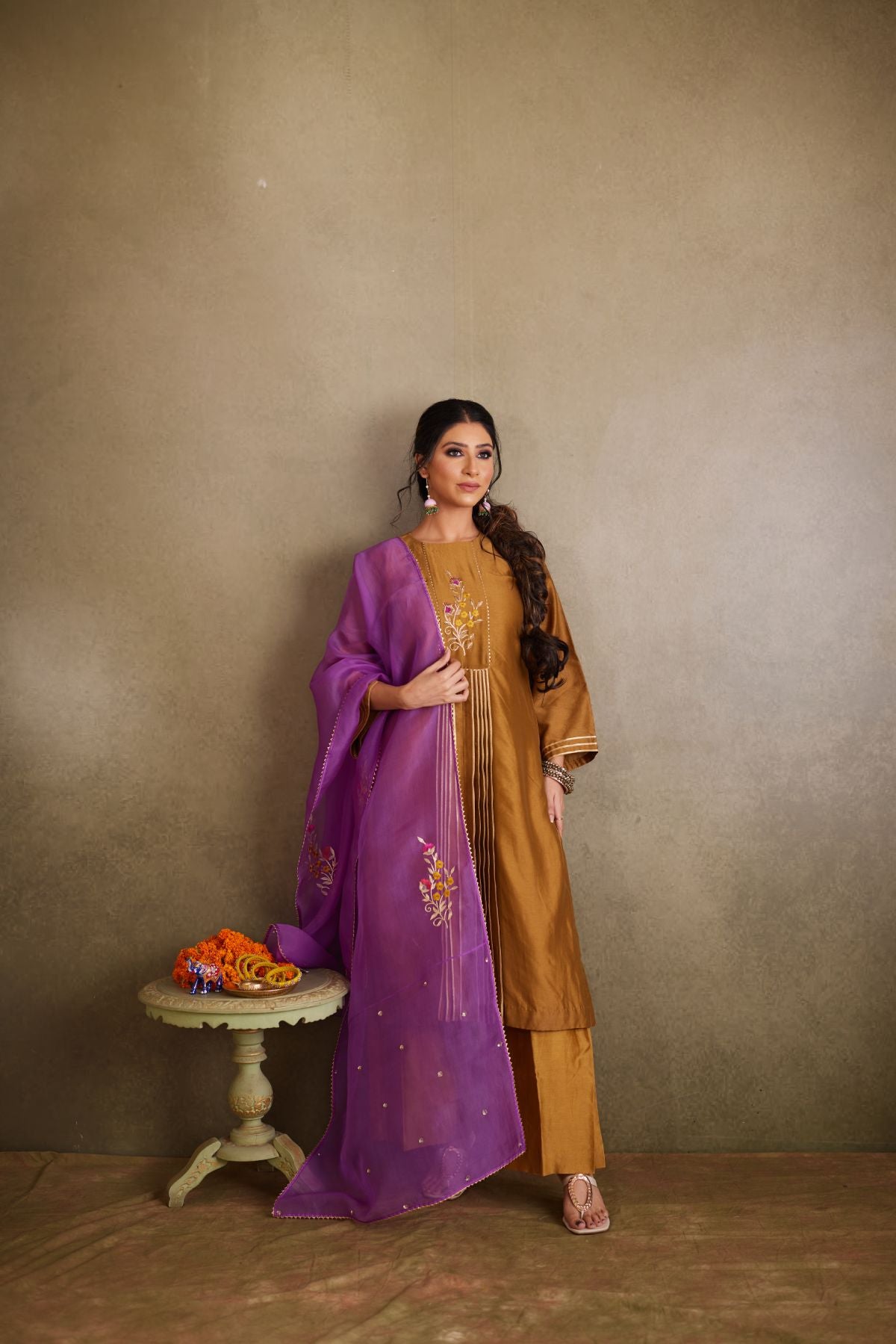 The Mystic Olive - Chanderi Suit with Hand Embroidery and Purple Organza Dupatta