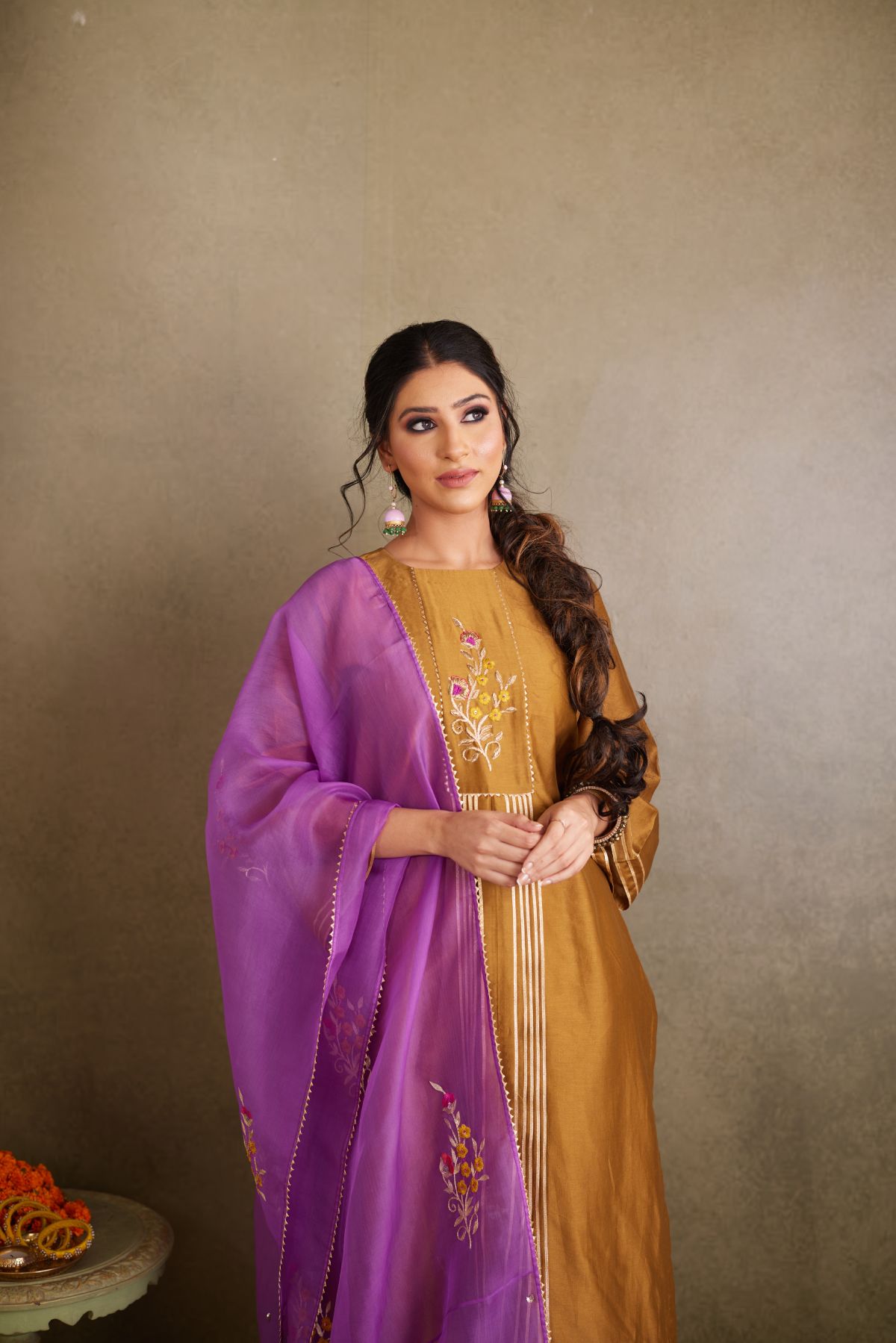 The Mystic Olive - Chanderi Suit with Hand Embroidery and Purple Organza Dupatta