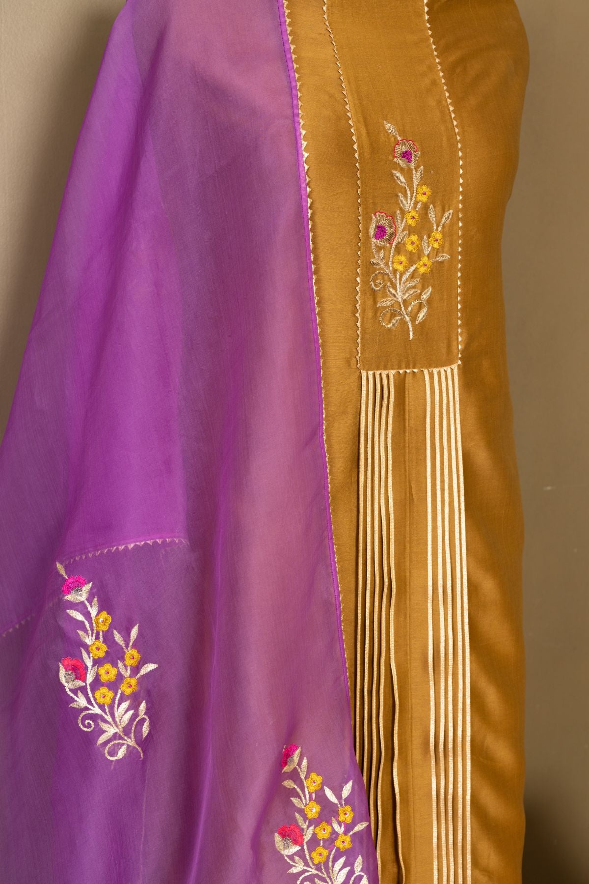 The Mystic Olive - Chanderi Suit with Hand Embroidery and Purple Organza Dupatta