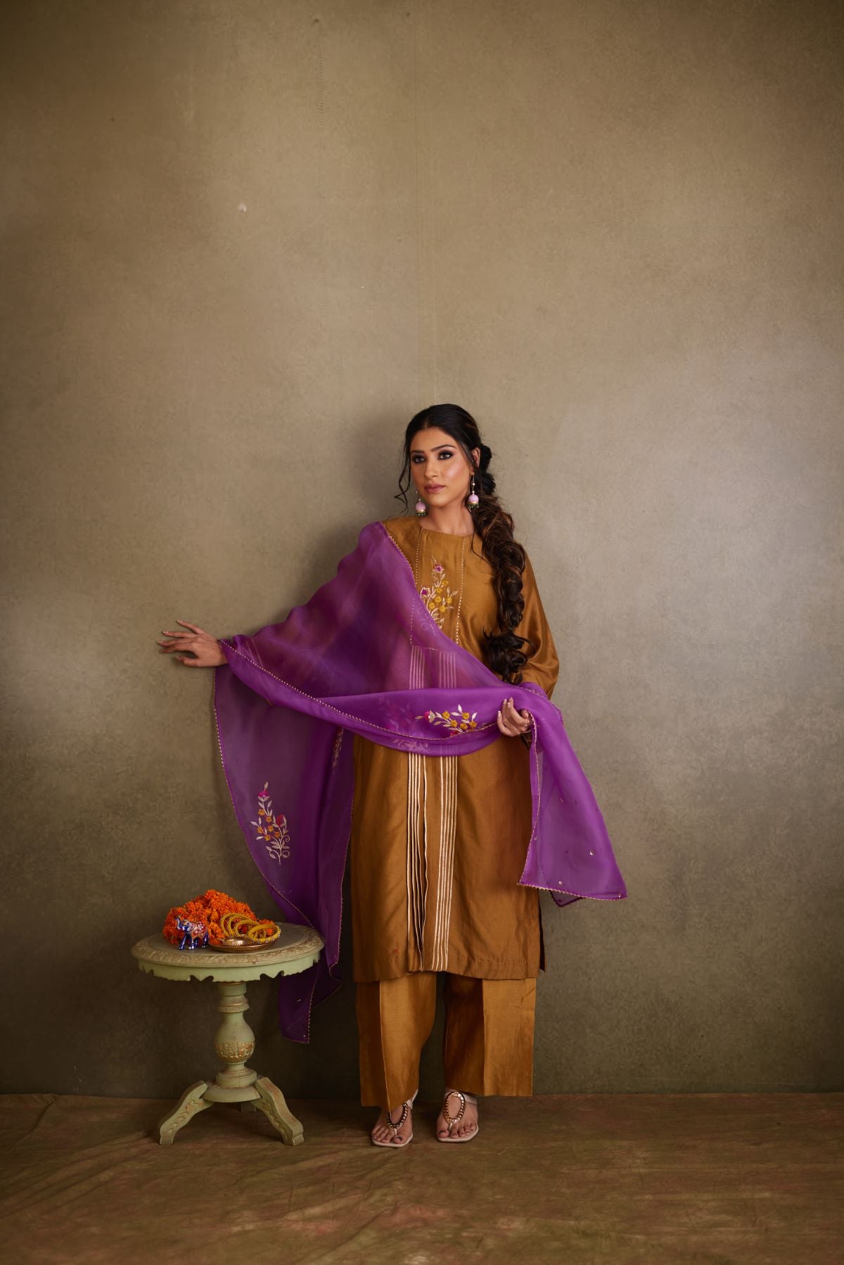 The Mystic Olive - Chanderi Suit with Hand Embroidery and Purple Organza Dupatta