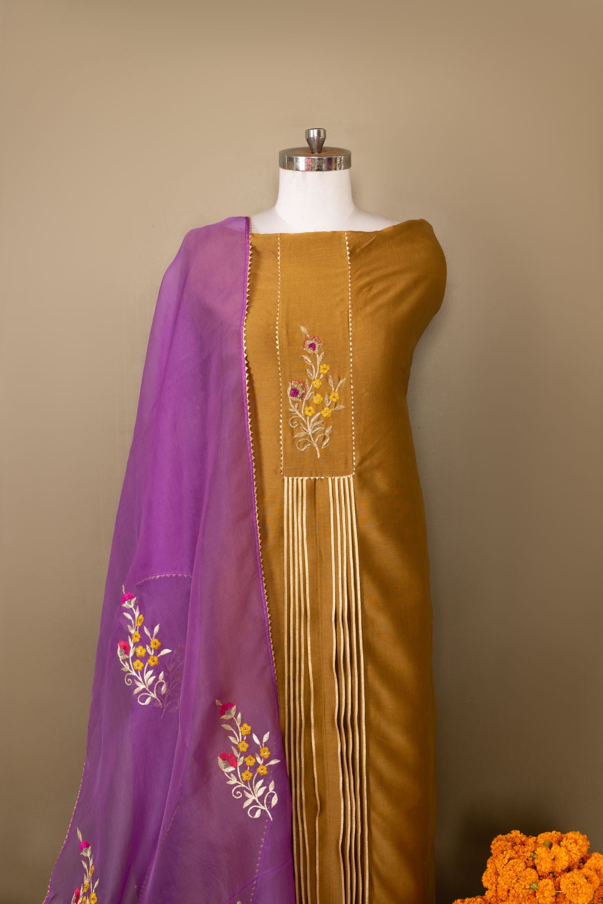The Mystic Olive - Chanderi Suit with Hand Embroidery and Purple Organza Dupatta