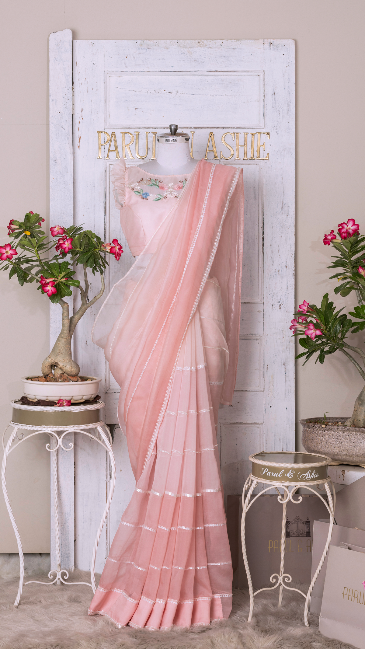 Pink Shaded Sequin Striped Saree
