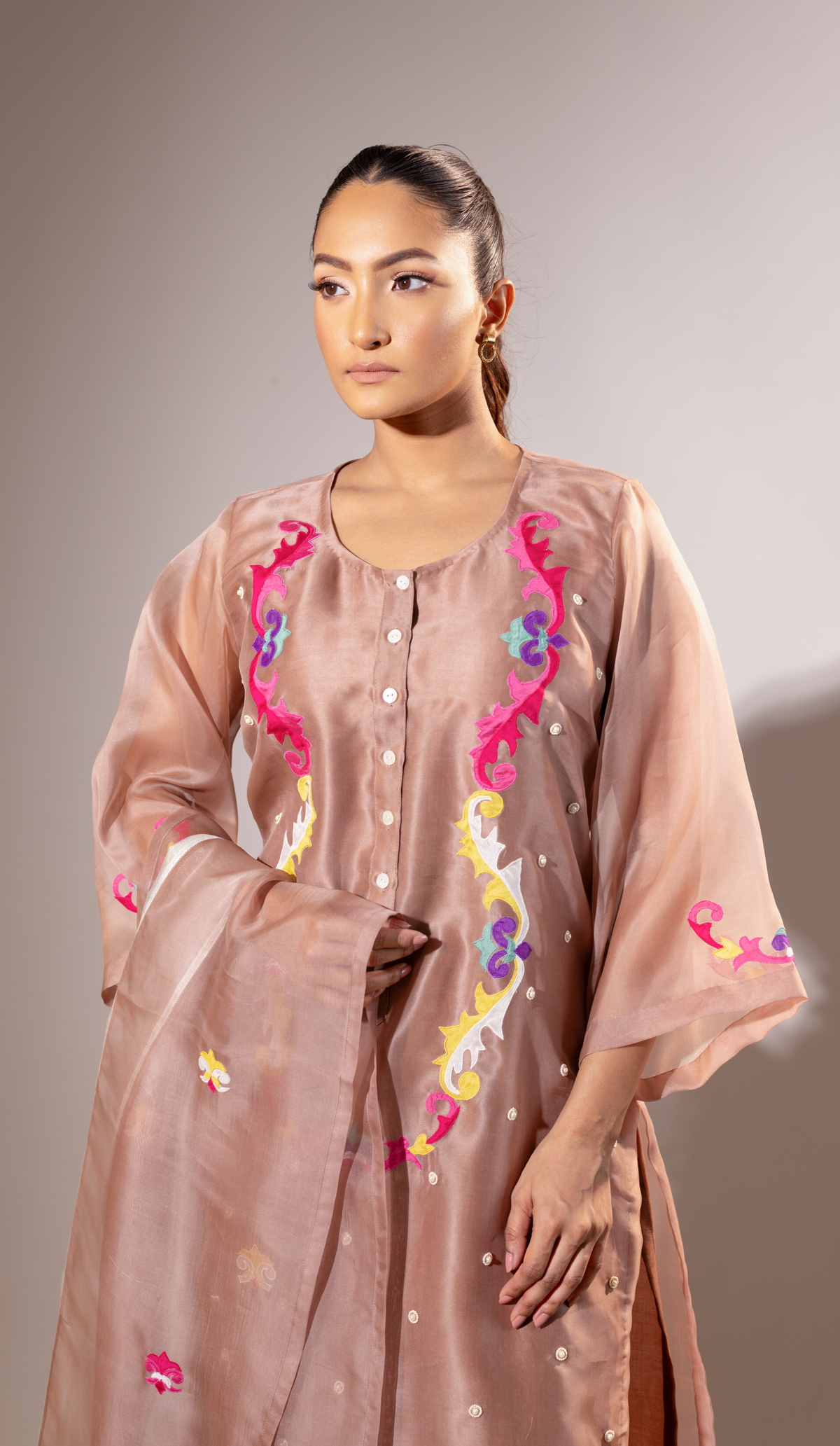 Mocha Organza Suit with Applique Yoke & Tissue Panel